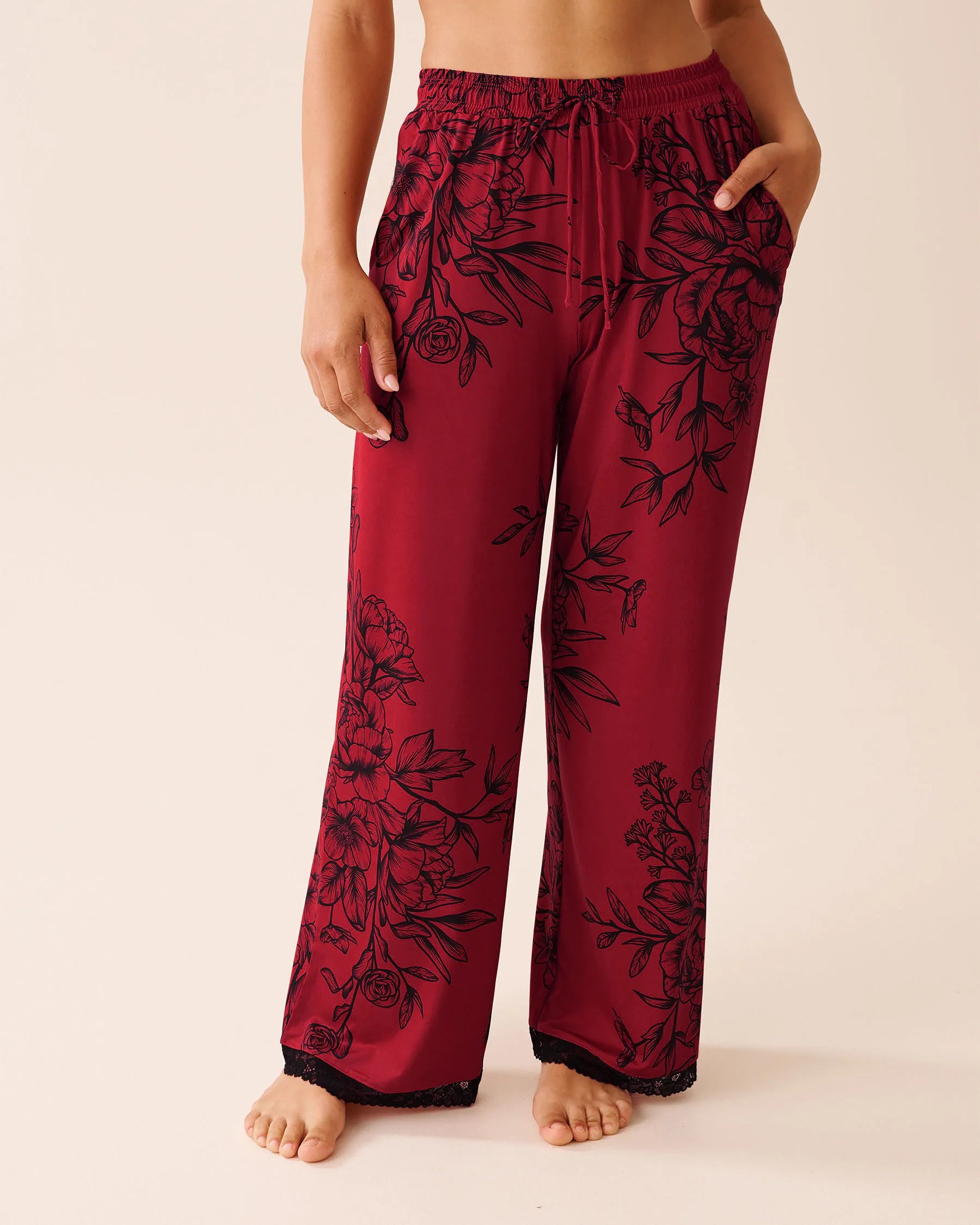 La Vie en Rose_Savvy Red Flowers_Crimson Bloom Recycled Fibers Lace Trim Pants_60200160_P60419_01