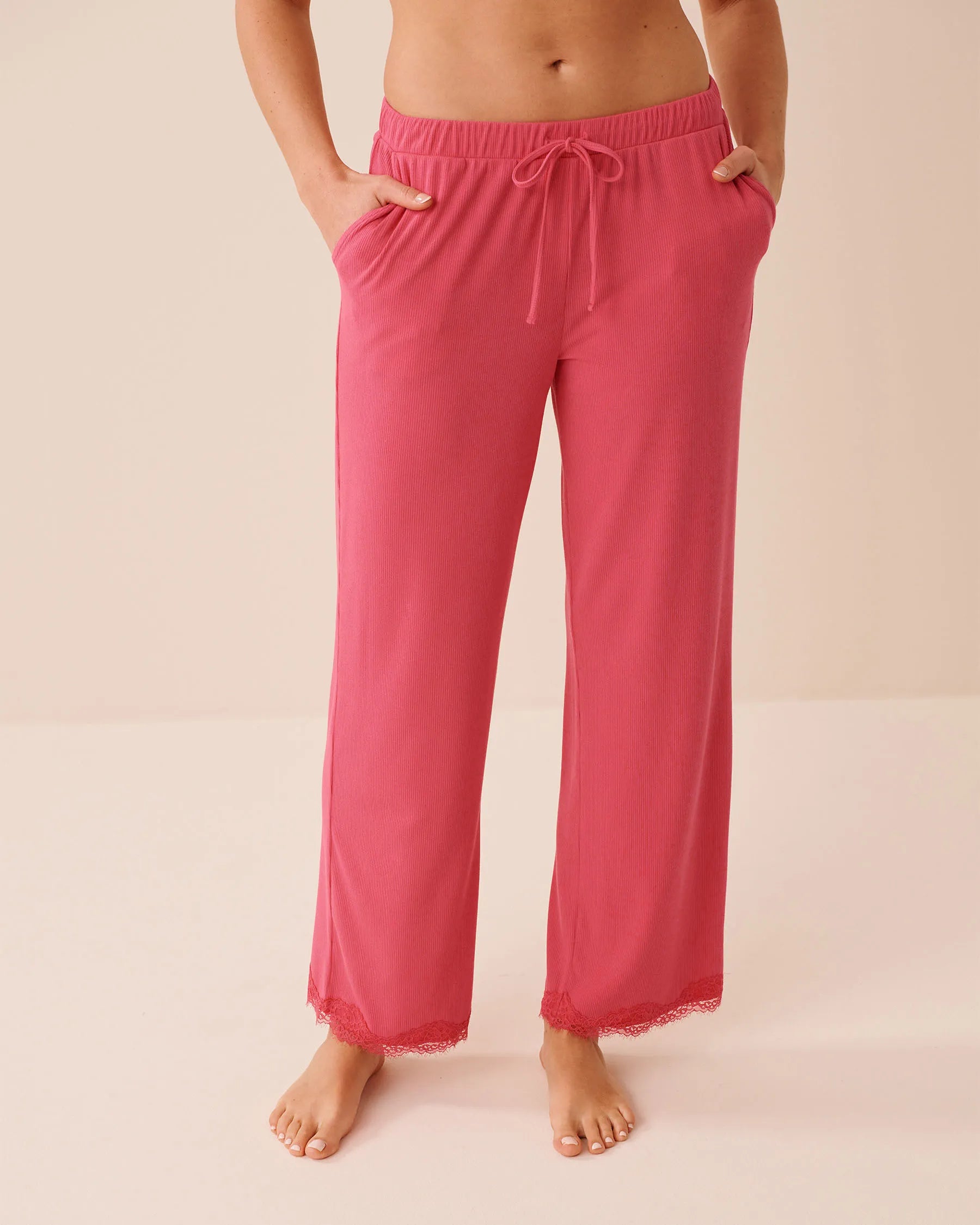 La Vie en Rose Party Punch Women Ribbed Modal and Lace Trim Pants SKU: 60200181_60238 Image 01
