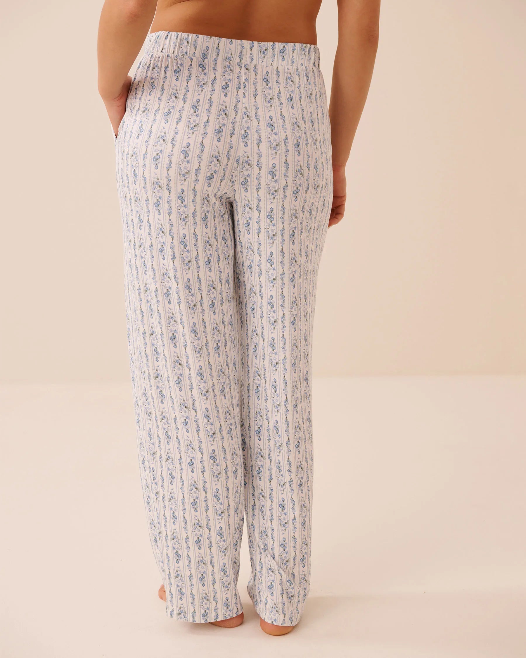 La Vie en Rose Blue Mix Stripes Women Blue Floral Print Soft Jersey Pajama Pants SKU: 60200184_P10591 Image 02