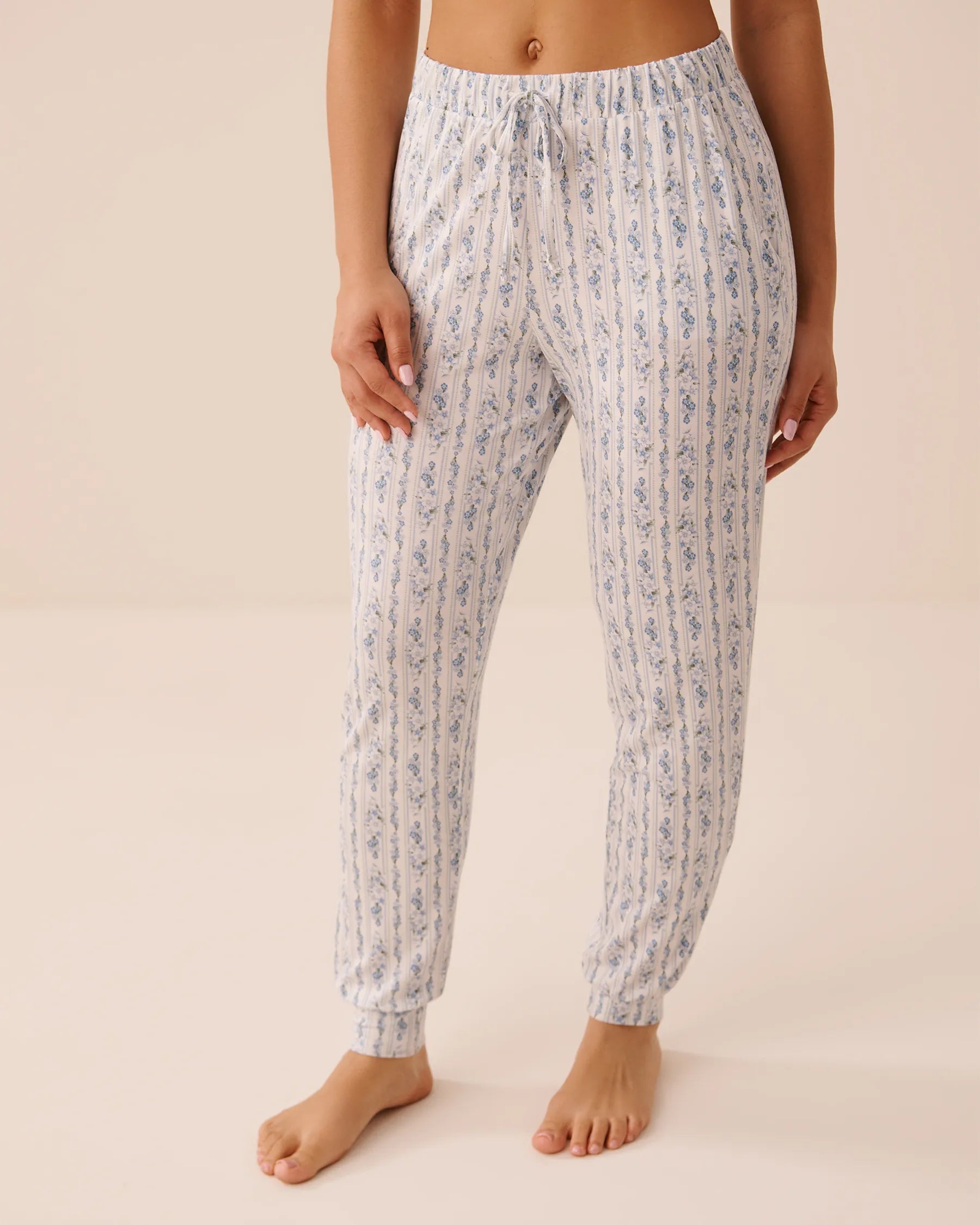 La Vie en Rose Blue Mix Stripes Women Blue Floral Print Soft Jersey Jogger Pajama Pants SKU: 60200185_P10591 Image 01