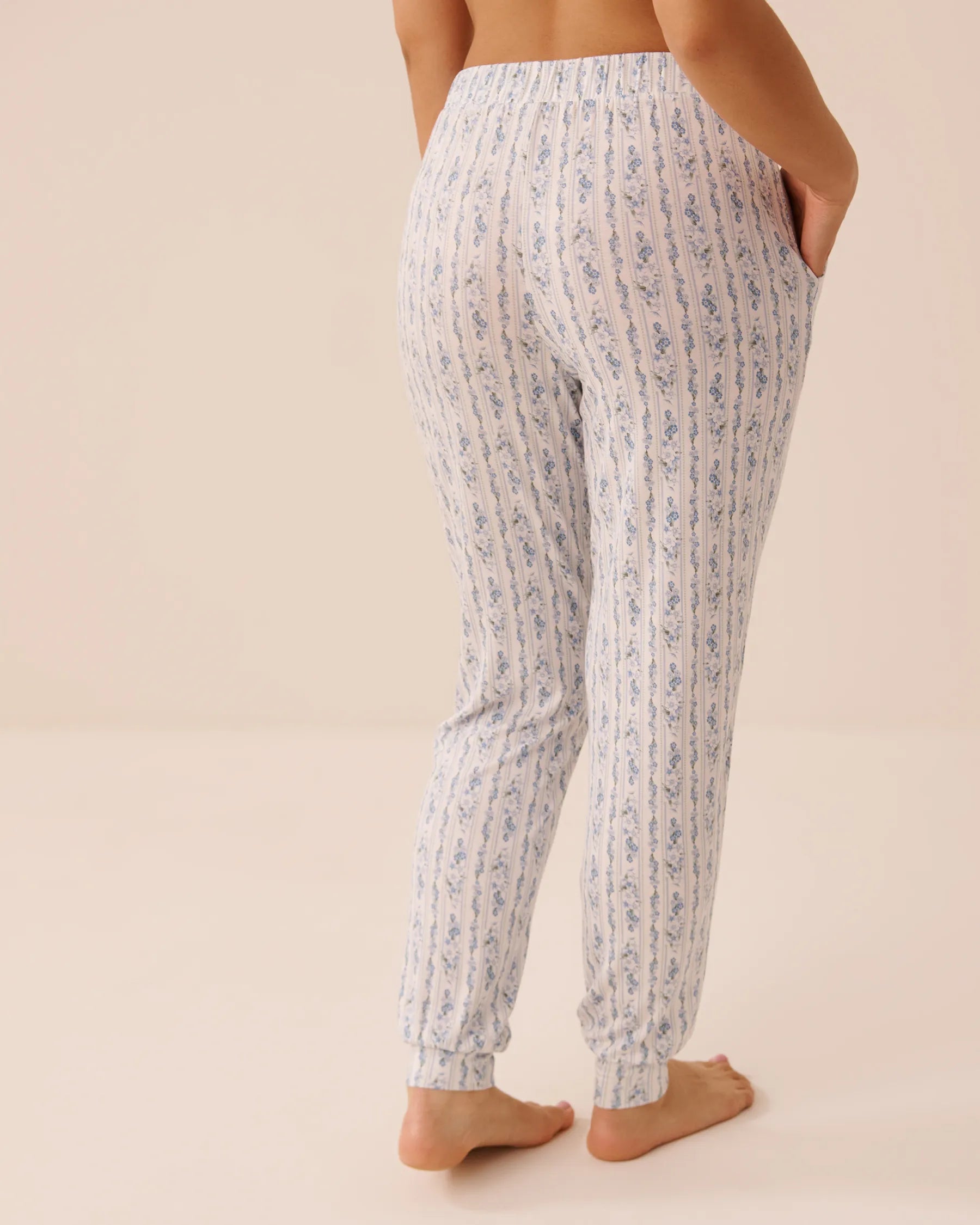 La Vie en Rose Blue Mix Stripes Women Blue Floral Print Soft Jersey Jogger Pajama Pants SKU: 60200185_P10591 Image 02