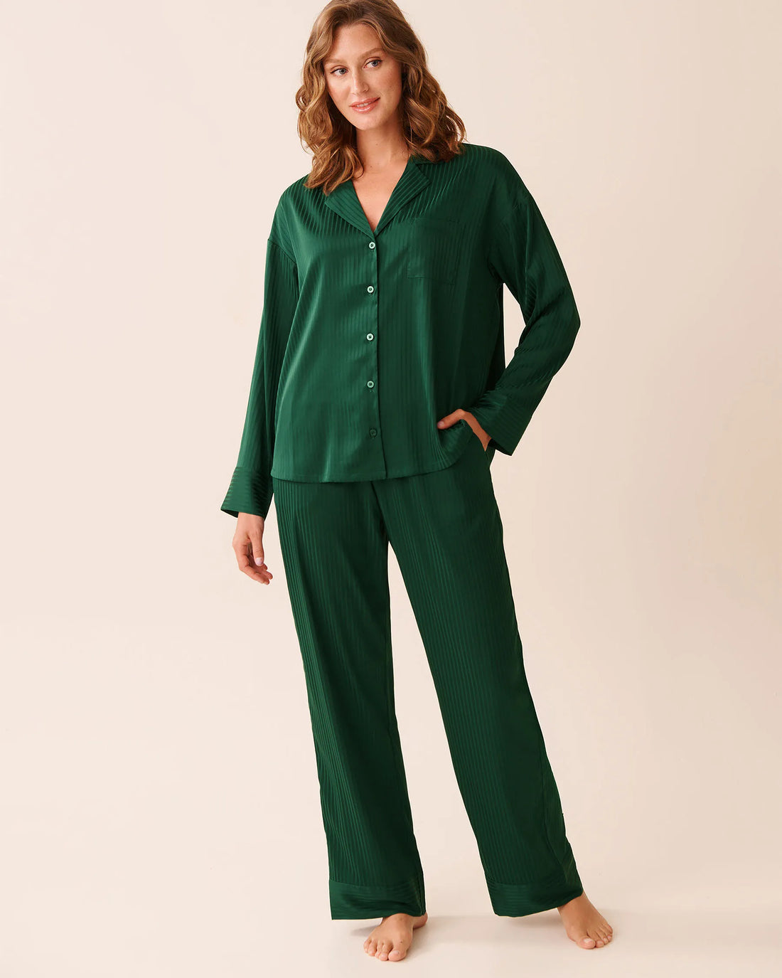 La Vie en Rose_Botanical Green Mini Stripes_Luxury Edition Jacquard Stripe Satin Pajama Set_60400064_P30129_02