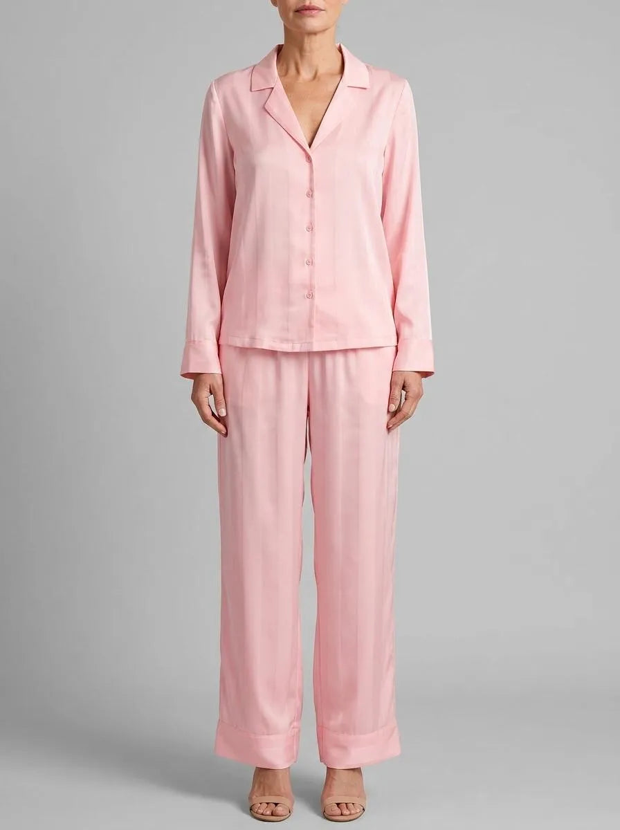 La Vie en Rose_Tickled Pink Stripes_LUXURY EDITION Striped Long Sleeve Satin Pajama Set_60400069_P60438_00