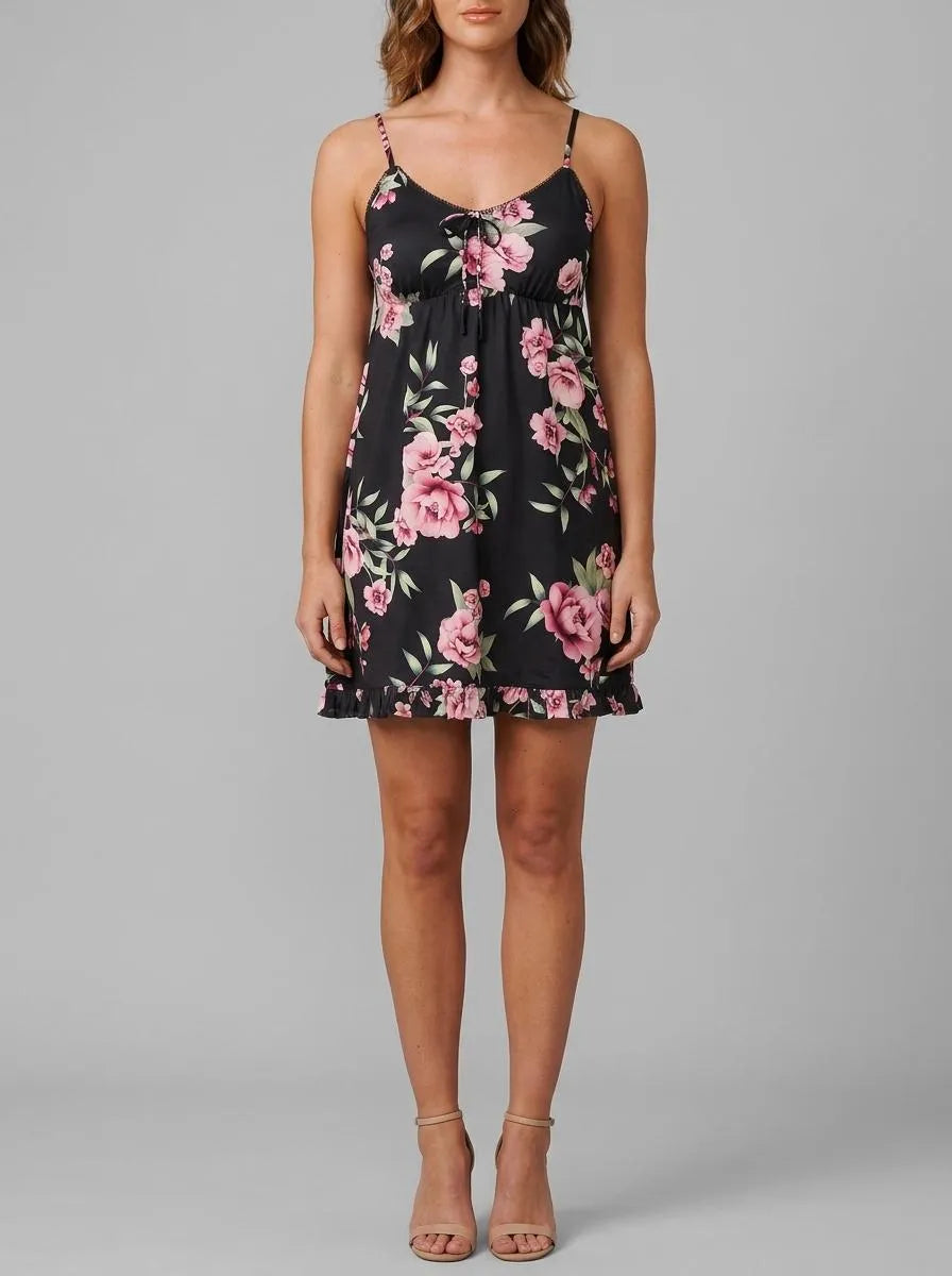 La Vie en Rose_Black & Pink Flowers_Peony Print Recycled Fibers Mesh Trim Nightie_60500220_P00489_00