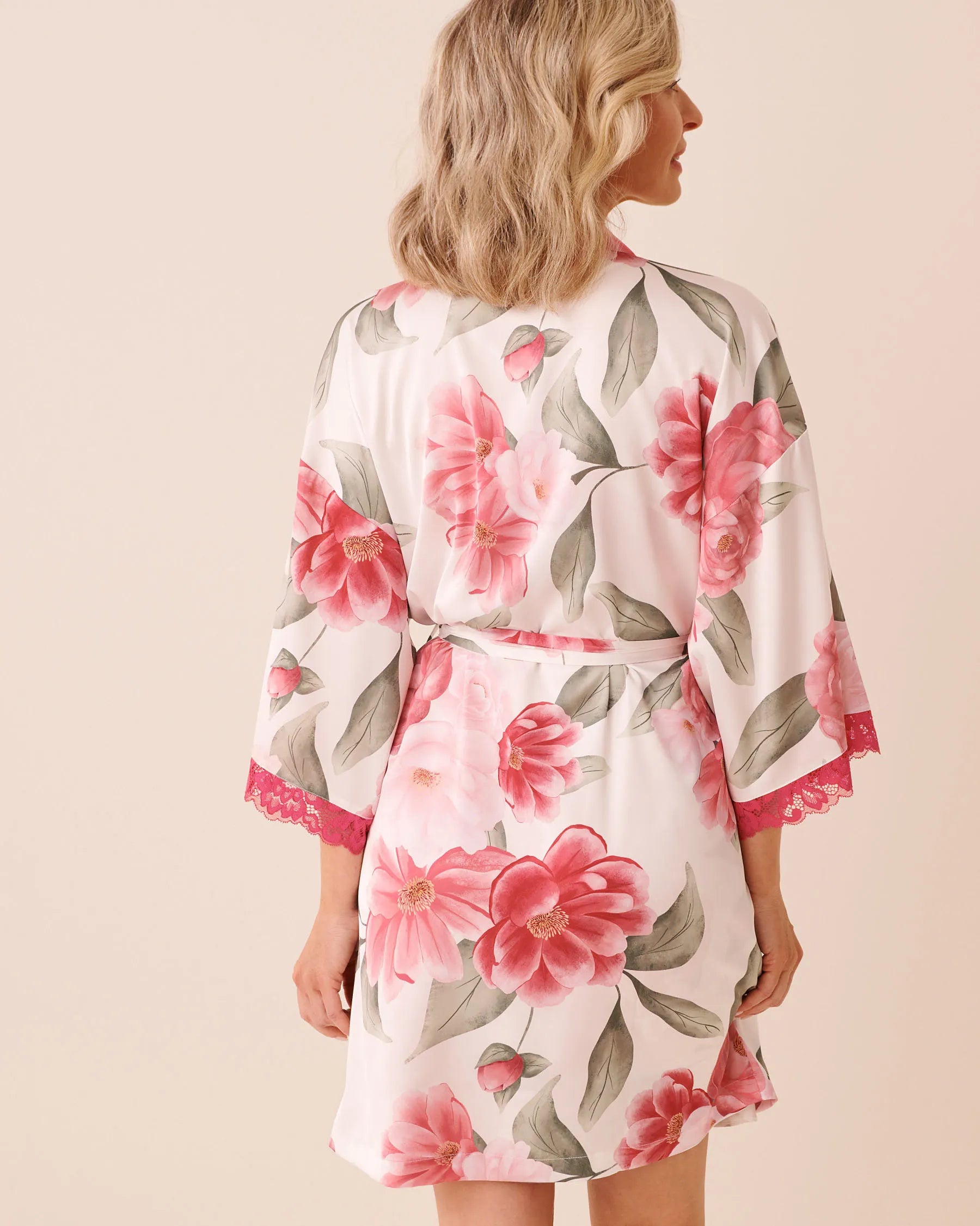 La Vie en Rose Snow White Flowers Women LUXURY EDITION Camellia Print Lace Trim Satin Kimono SKU: 60600117_P10585 Image 03