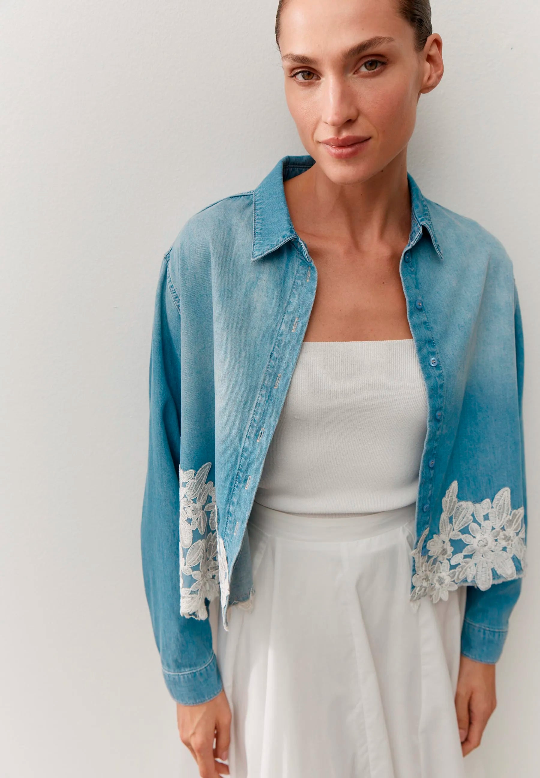 More & More Light Blue Denim Women Denim Shirt with Lace Trim SKU: 61042251_0961 Image 01