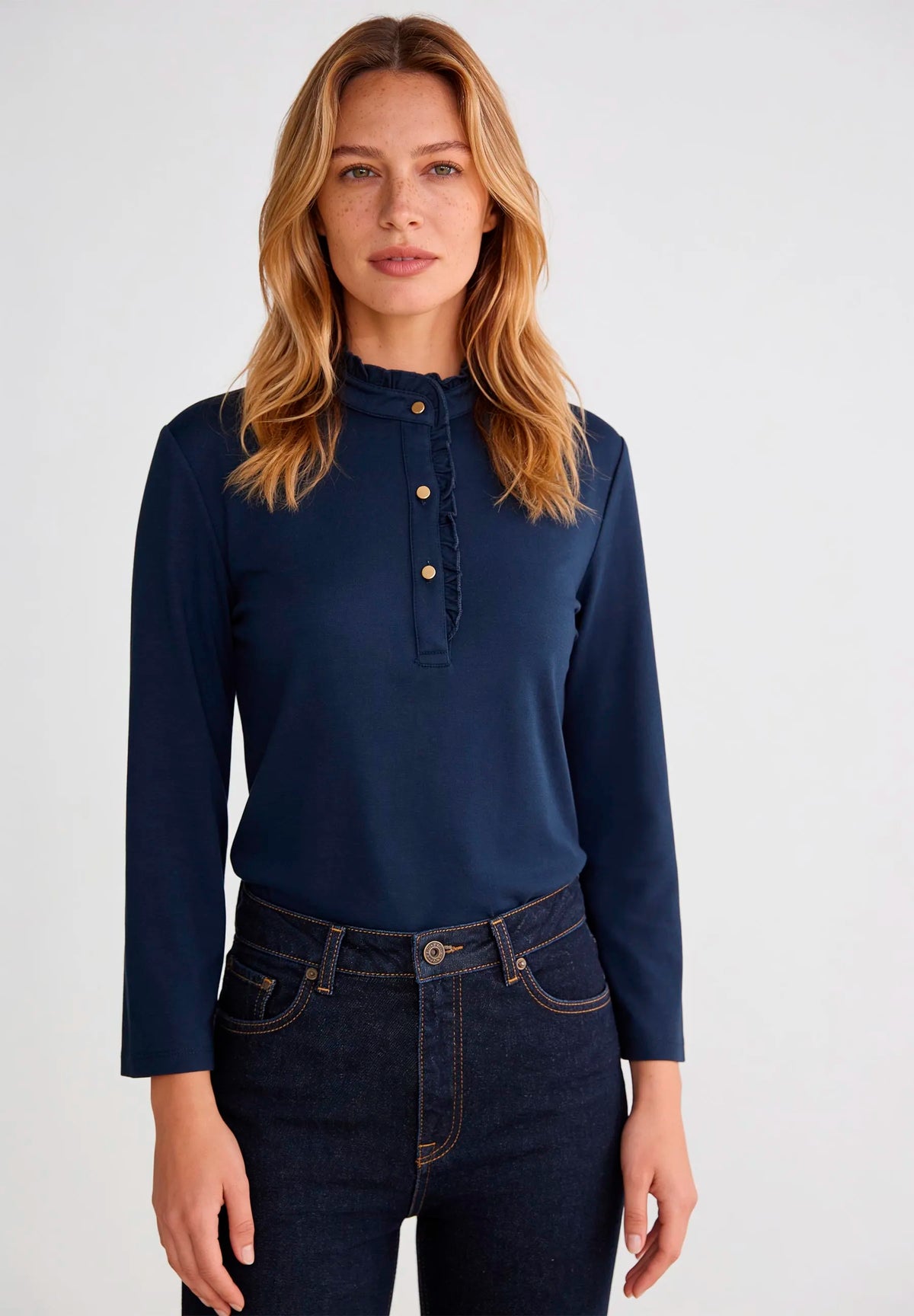 More & More Midnight Blue Women T-Shirt with Button Placket SKU: 61080055_M0373 Image 01