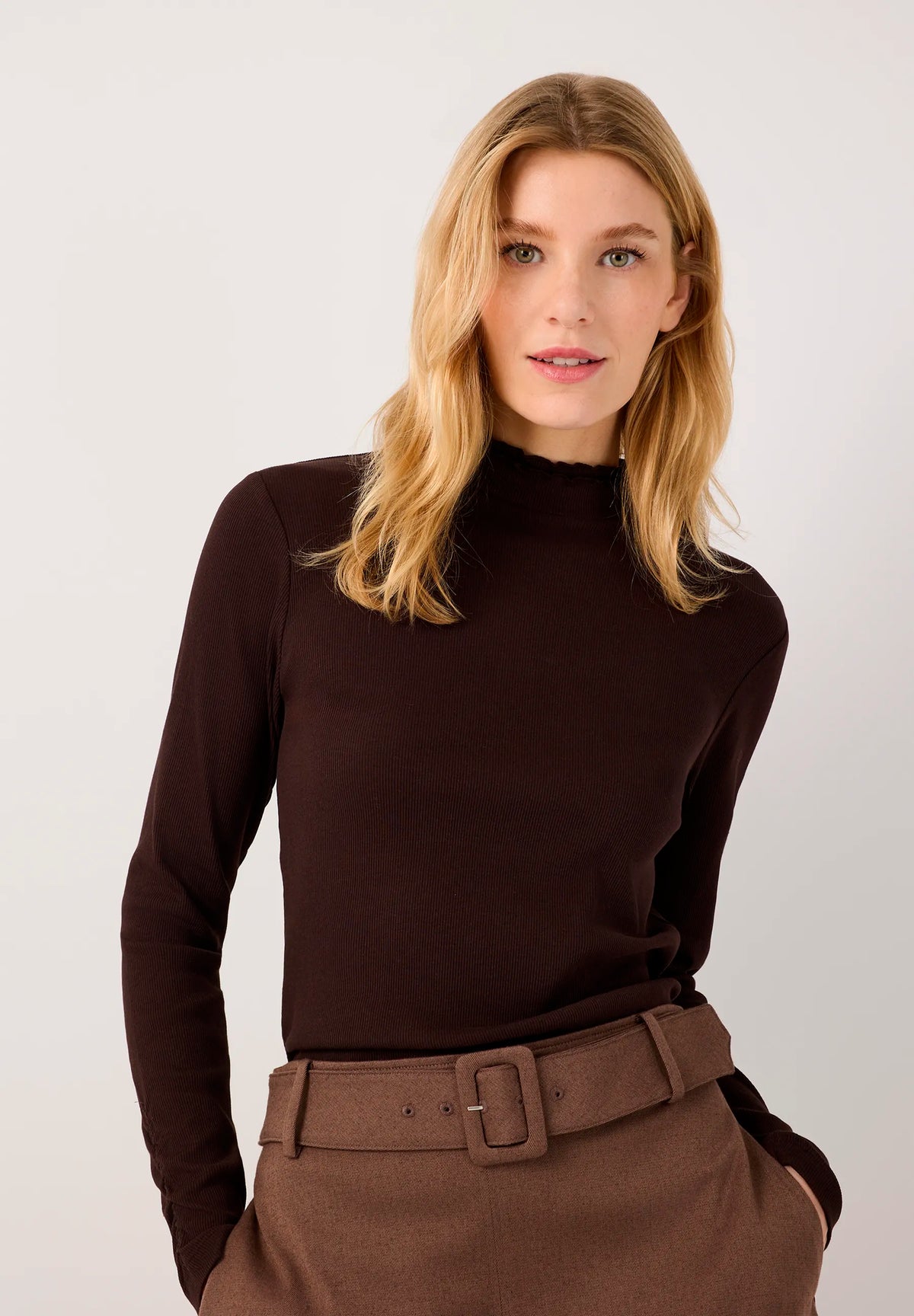 More & More Espresso Brown Women Ribbed Top SKU: 61090005_M0279 Image 01