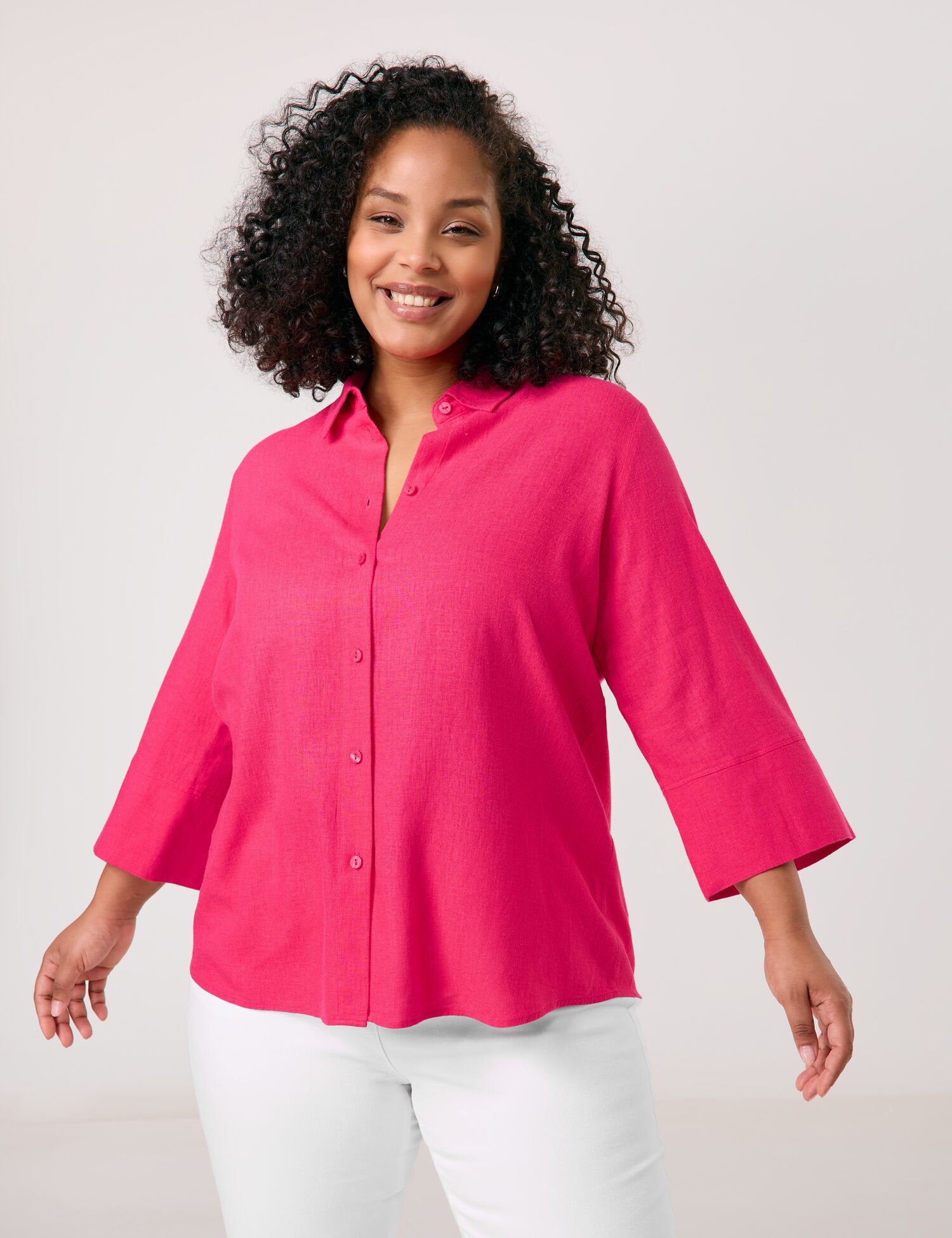 Samoon_Viscose/Linen Blend Blouse with 3/4-Length Sleeves_660632-21142_6590_01
