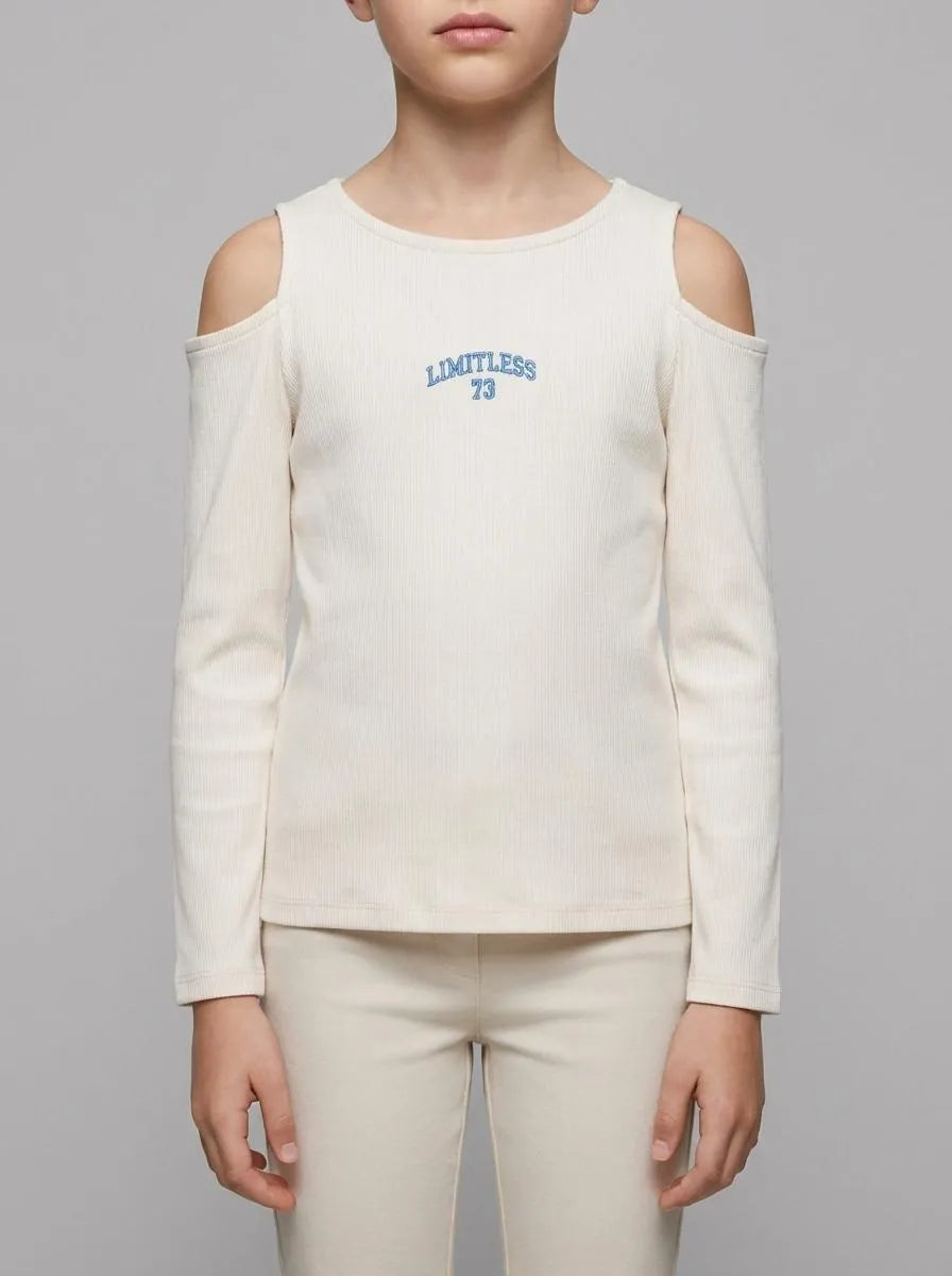 Springfield White Girls Rib Long Sleeve Off-The-Shoulder T-Shirt SKU: 6643123_96 Image 00