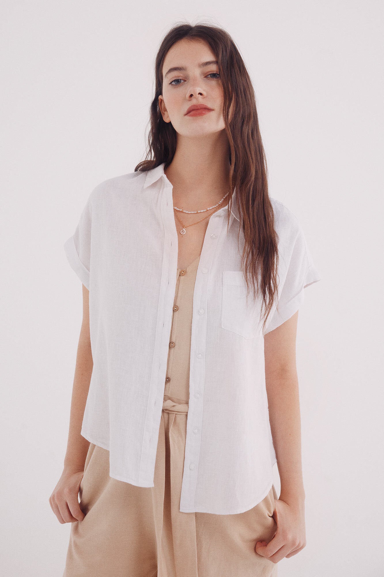 Springfield_Short Sleeve Turn-Up Linen Linen Shirt_6819372_99_01