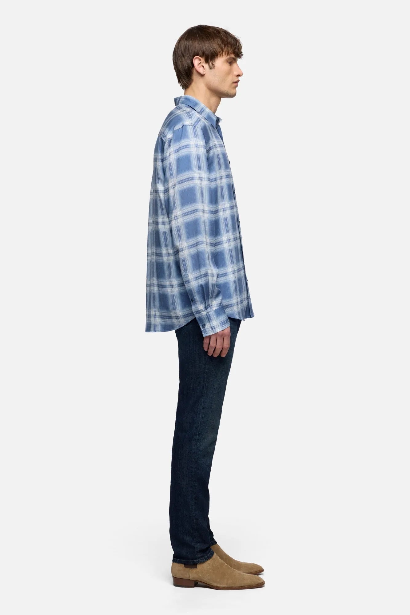 7 For All Mankind Blue Check Men Classic Button Up Shirt in Fluid SKU: 7M6T0G91_3E7 Image 06