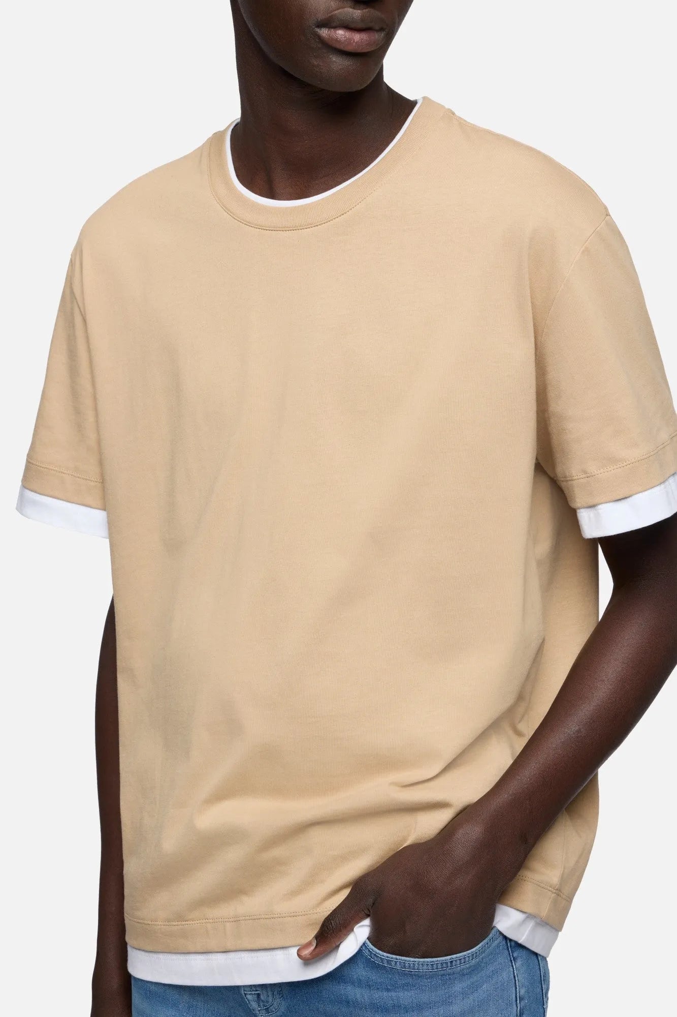 7 For All Mankind Tan Men Double Layer Tee SKU: 7M8X0G54_3FB Image 04
