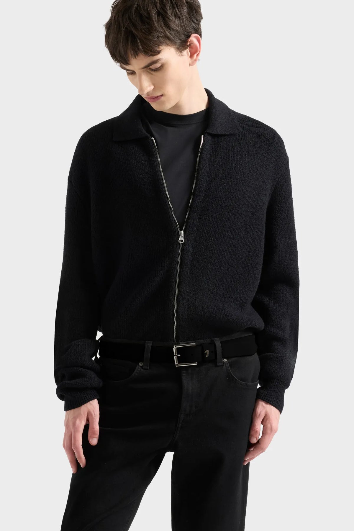 7 For All Mankind Black Men Polo Zip Sweater in Cotton Wool SKU: 7MDP0H32_3PZ Image 02
