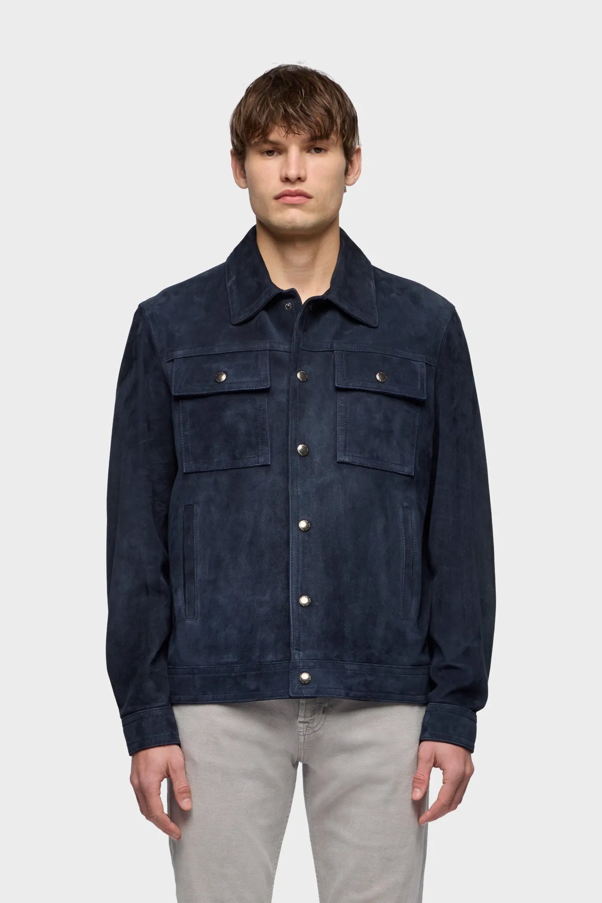 7 For All Mankind Midnight Men Modern Trucker Jacket in Suede SKU: 7MQ80F15_3FM Image 02