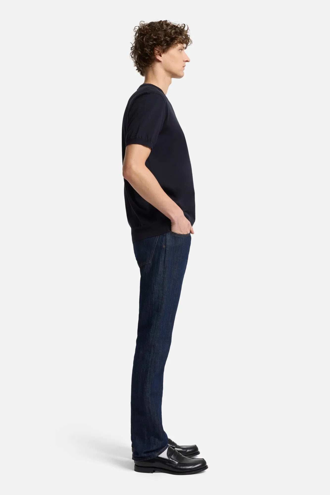 7 For All Mankind Navy Men Short Sleeve Sweater in Cotton SKU: 7MT02K22_DNV Image 06