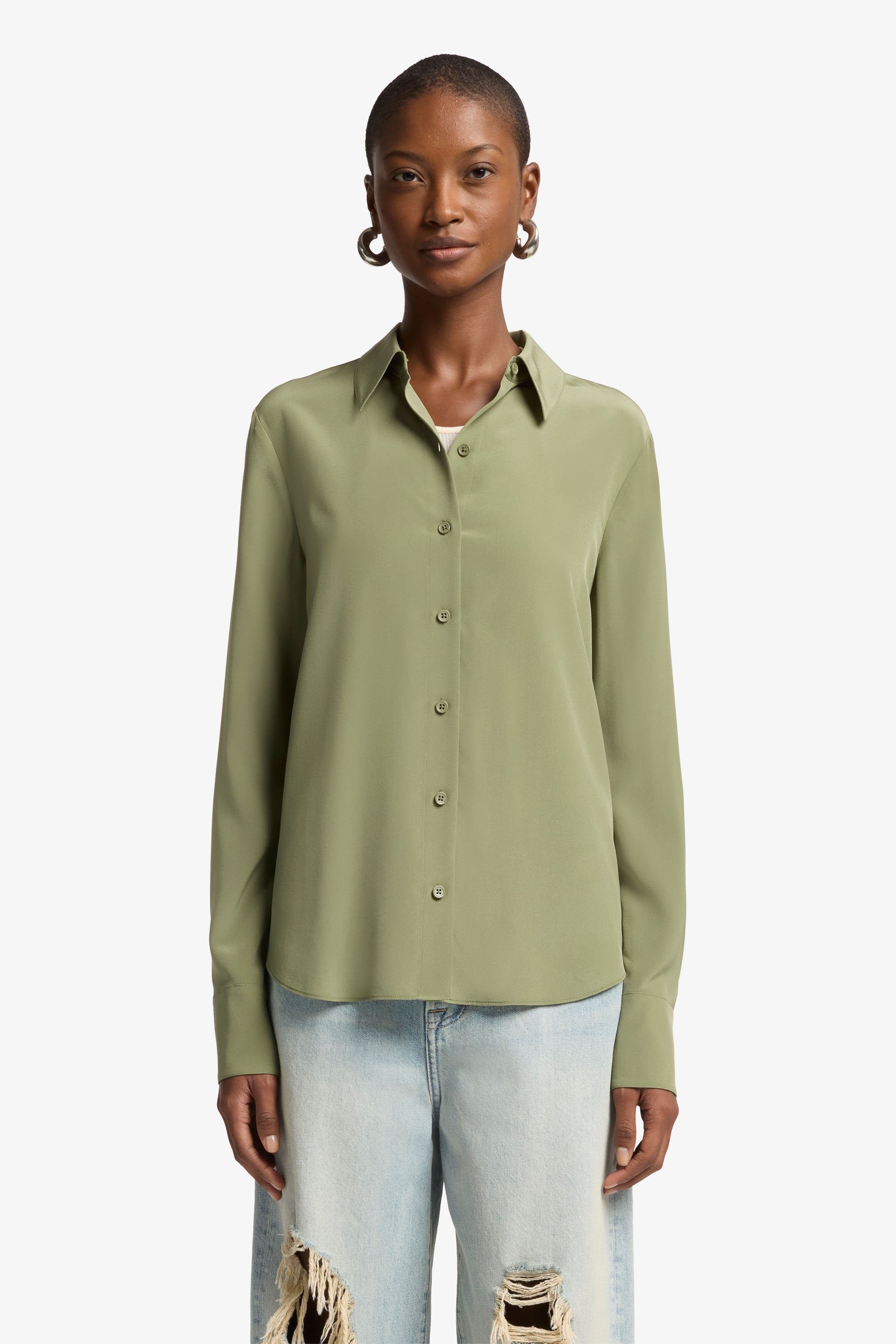 7 For All Mankind_LS Slim Fit Blouse Silk Army_7N589480-ARM_ARM_01