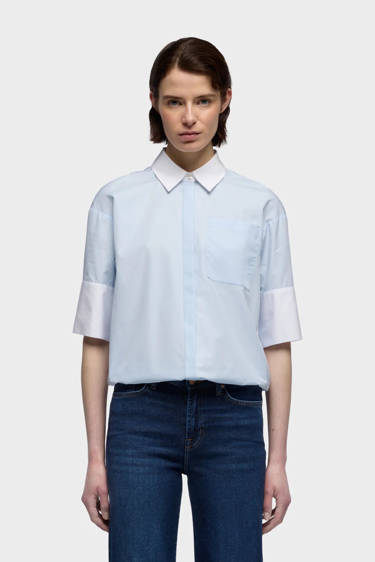 7 For All Mankind Light Blue Women Short Sleeve Shirt in Poplin SKU: 7NBC0G75_1I3 Image 02