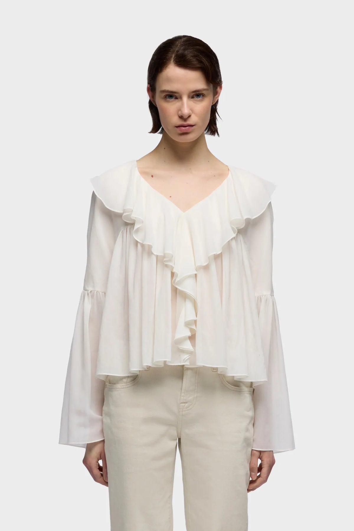 7 For All Mankind Ivory Women Flowy Long Sleeve Blouse in Silk Blend SKU: 7NBJ0H01_1RB Image 02