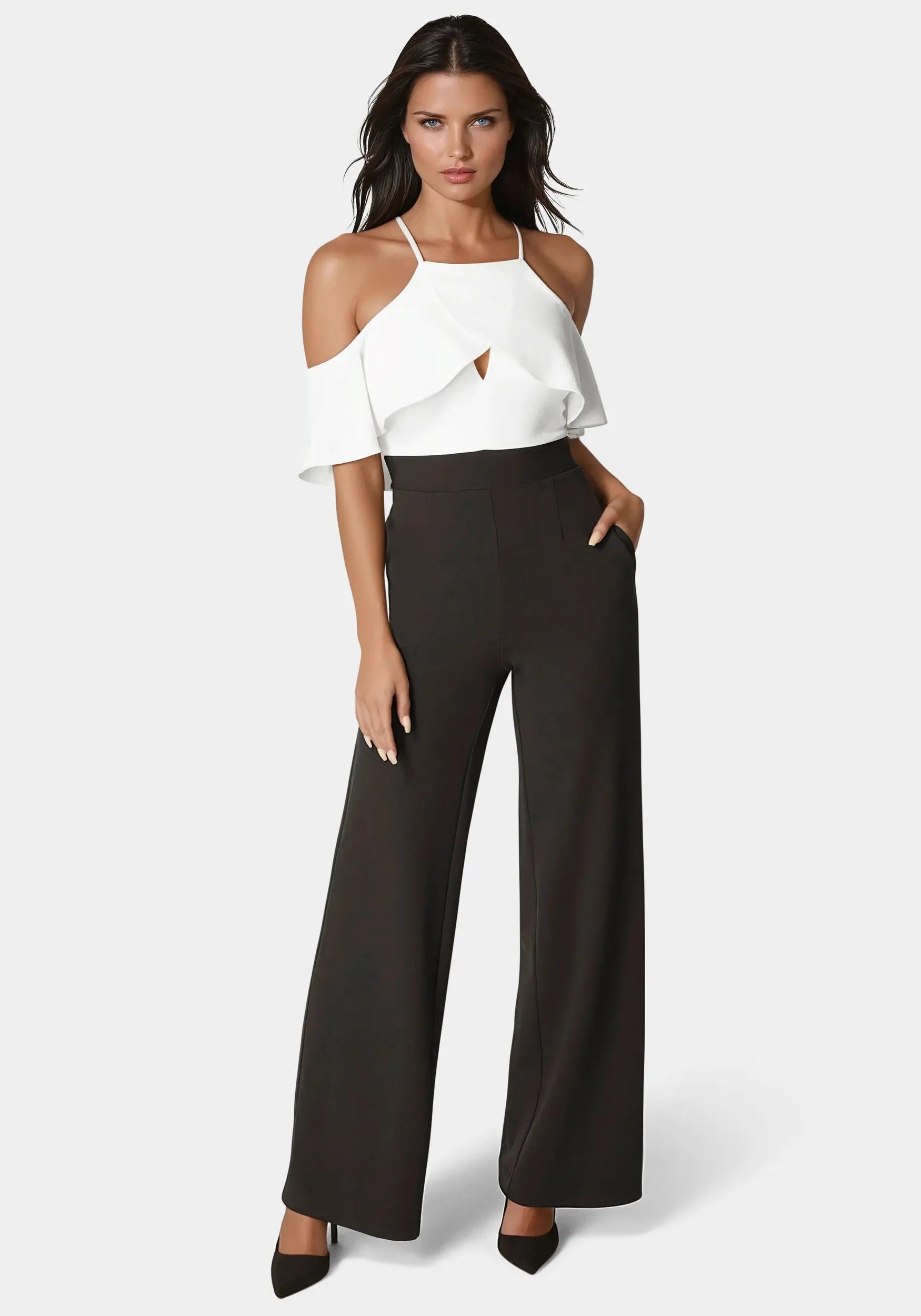 Bebe_Cold Shoulder Palazzo Leg Jumpsuit_7SKG0152BE_BLACK - WHITE ALYSSUM_01