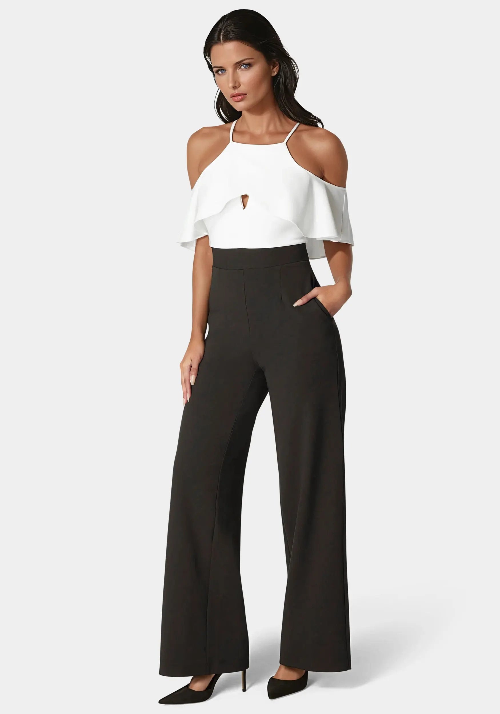 Bebe_Cold Shoulder Palazzo Leg Jumpsuit_7SKG0152BE_BLACK - WHITE ALYSSUM_02