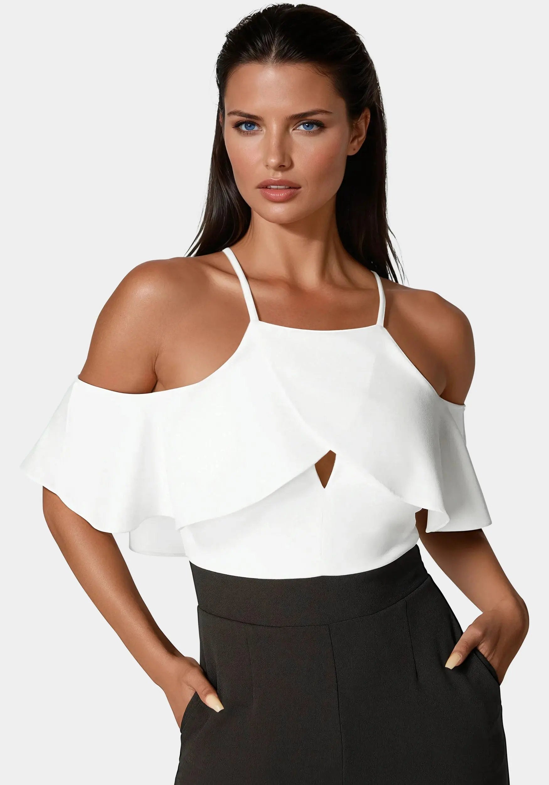 Bebe_Cold Shoulder Palazzo Leg Jumpsuit_7SKG0152BE_BLACK - WHITE ALYSSUM_04