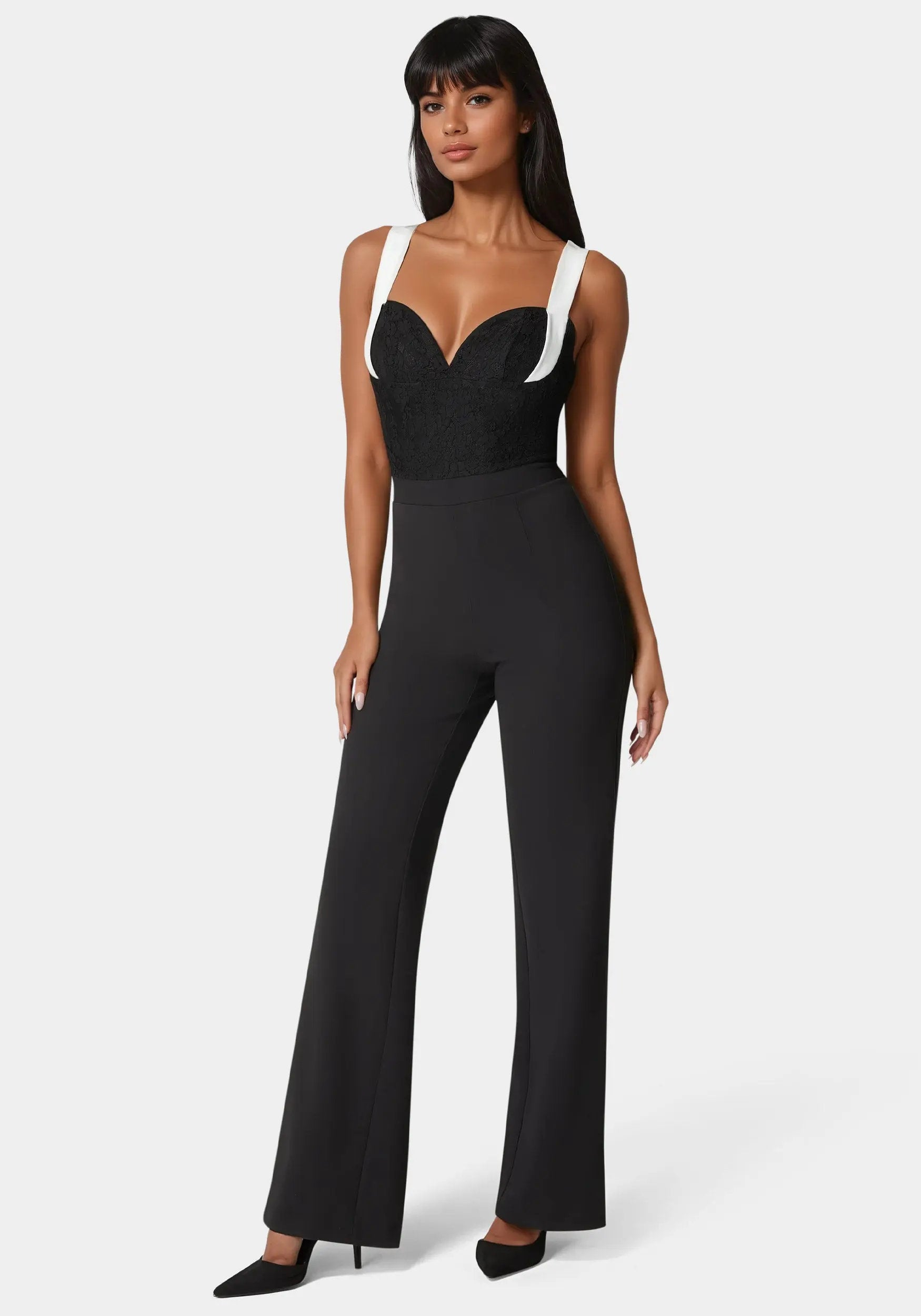 Bebe_Lace Insert Flared Jumpsuit_7SKG0161BE_BLACK - WHITE ALYSSUM_02