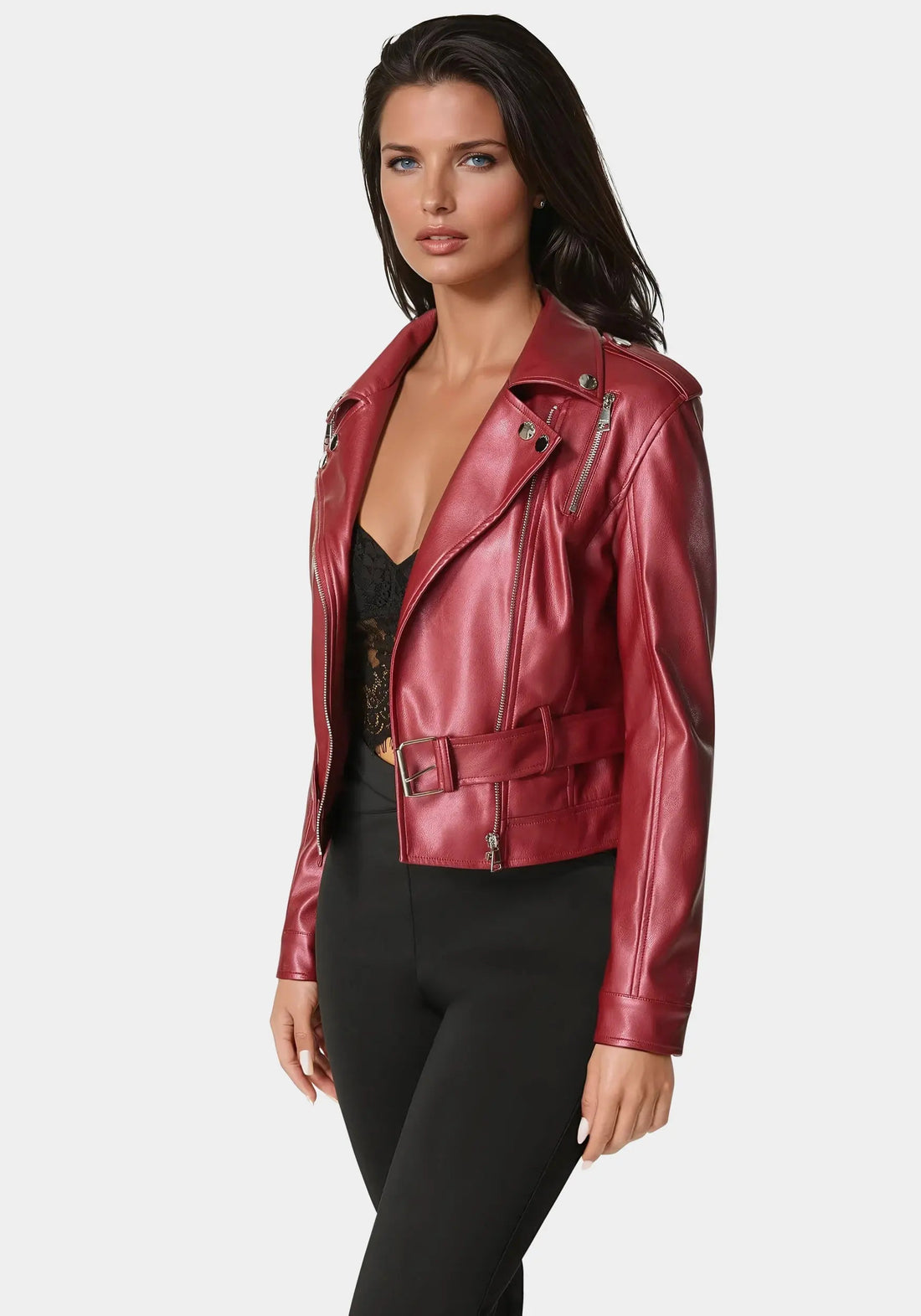 Bebe_Metallic Vegan Leather Moto Jacket_7SKJ0202BE_RED DAHILA_02