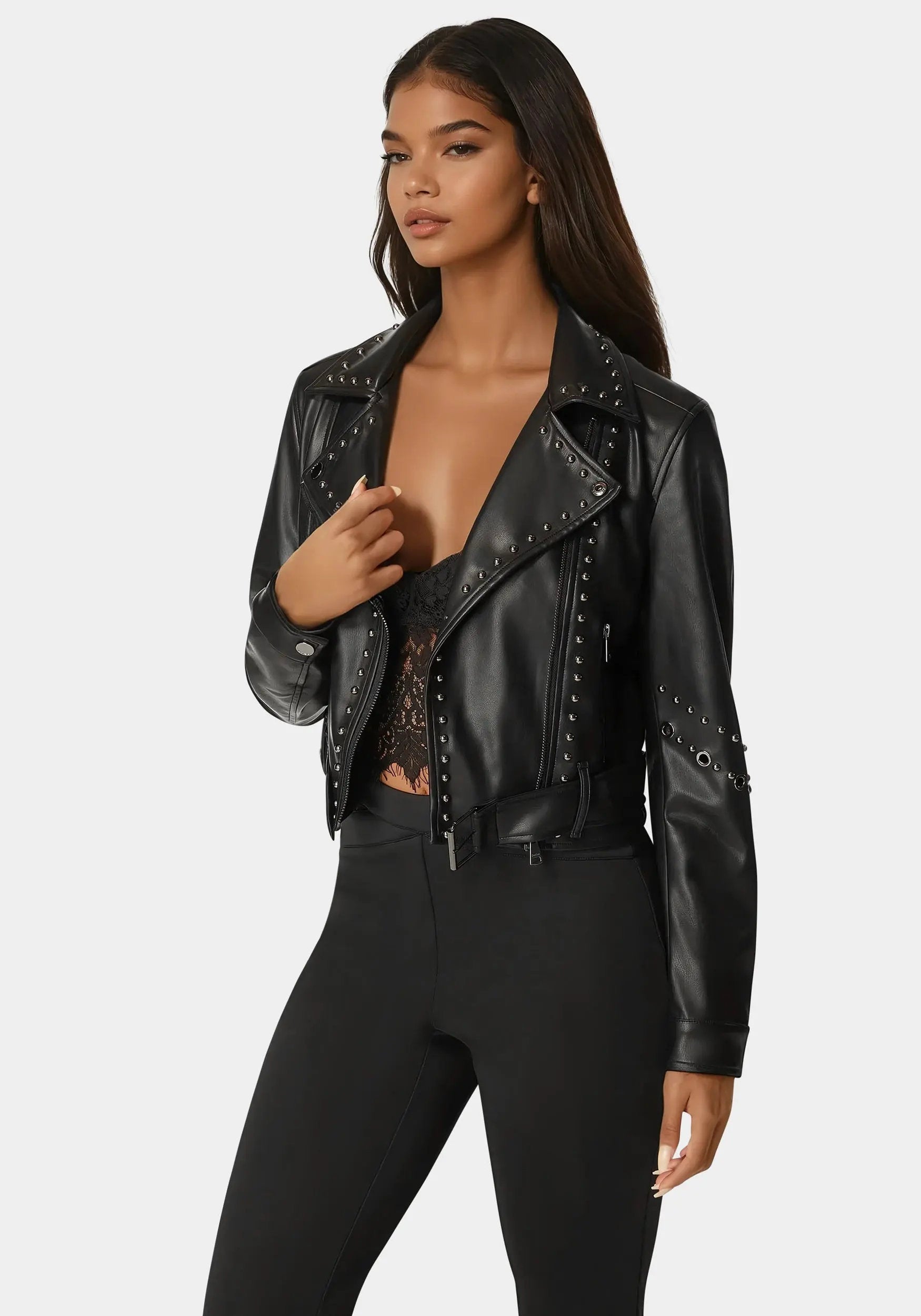 Bebe_Studded Vegan Leather Moto Jacket_7SKJ0207BE_BLACK_01