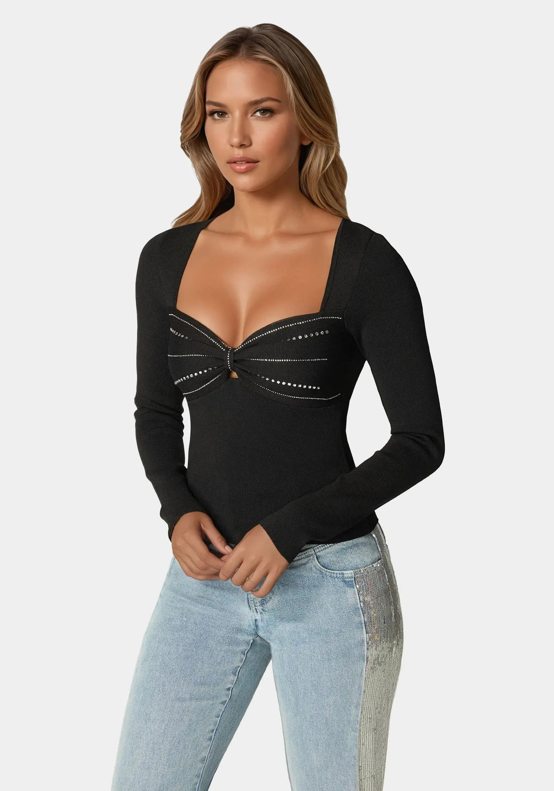 Bebe_Embelished Long Sleeve Sweater_7SKW0243BE_BLACK_02