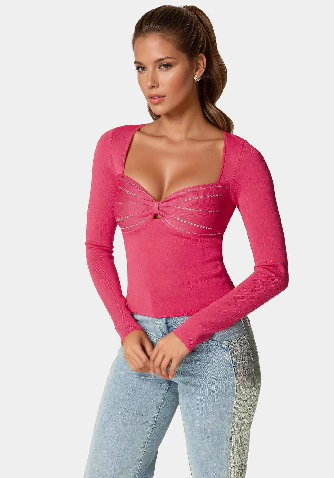 Bebe_Embelished Long Sleeve Sweater_7SKW0243BE_RASPBERRY_02