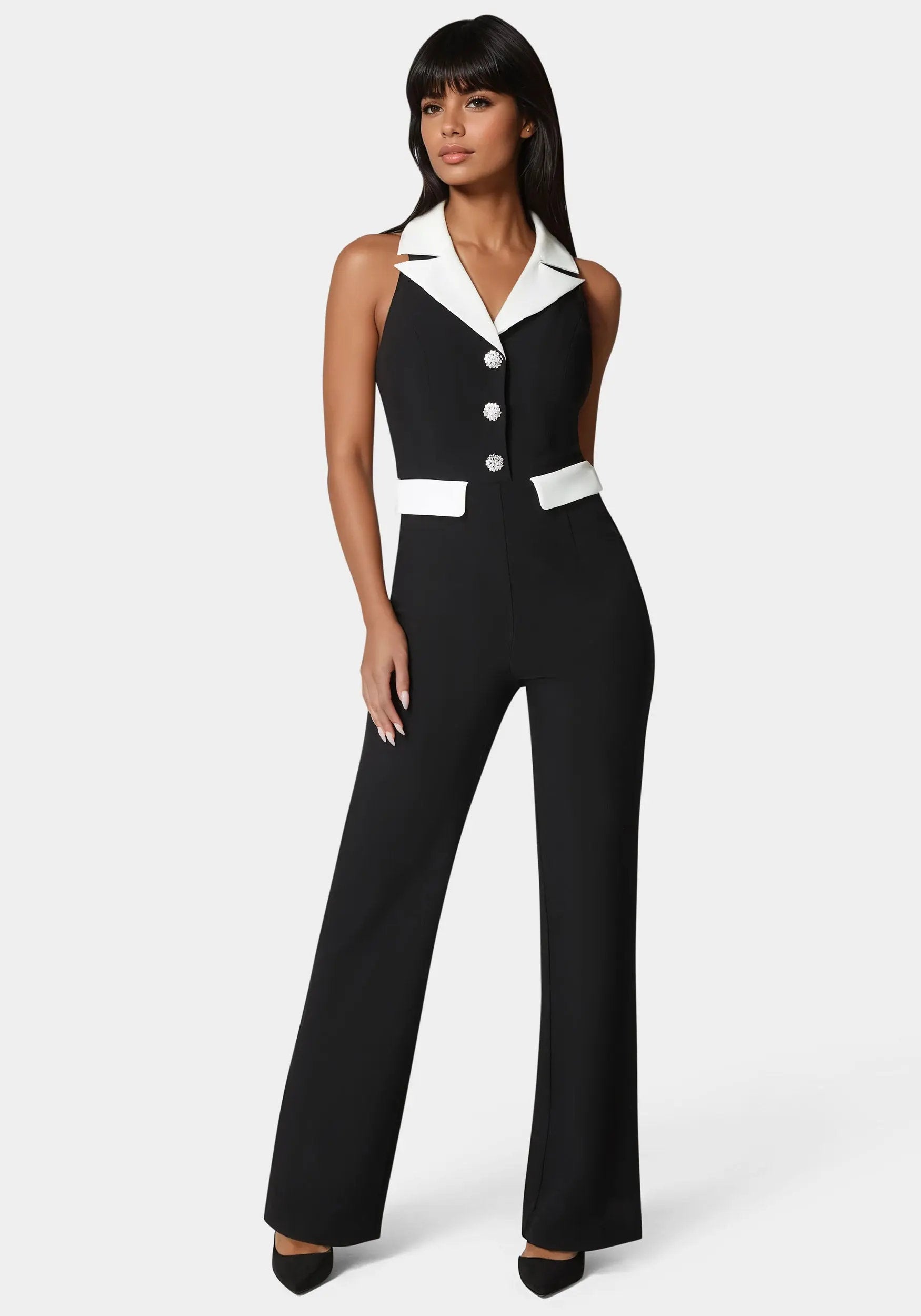Bebe_Tailored Straight Flared Jumpsuit_7SWG0157BE_BLACK - WHITE ALYSSUM_01