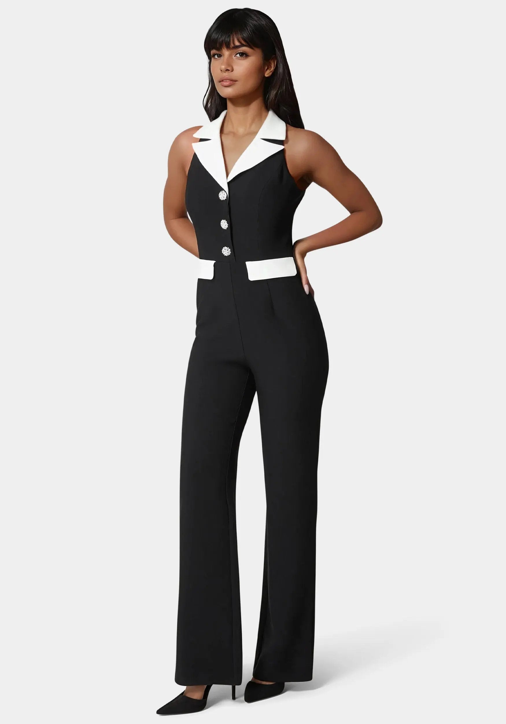 Bebe_Tailored Straight Flared Jumpsuit_7SWG0157BE_BLACK - WHITE ALYSSUM_02