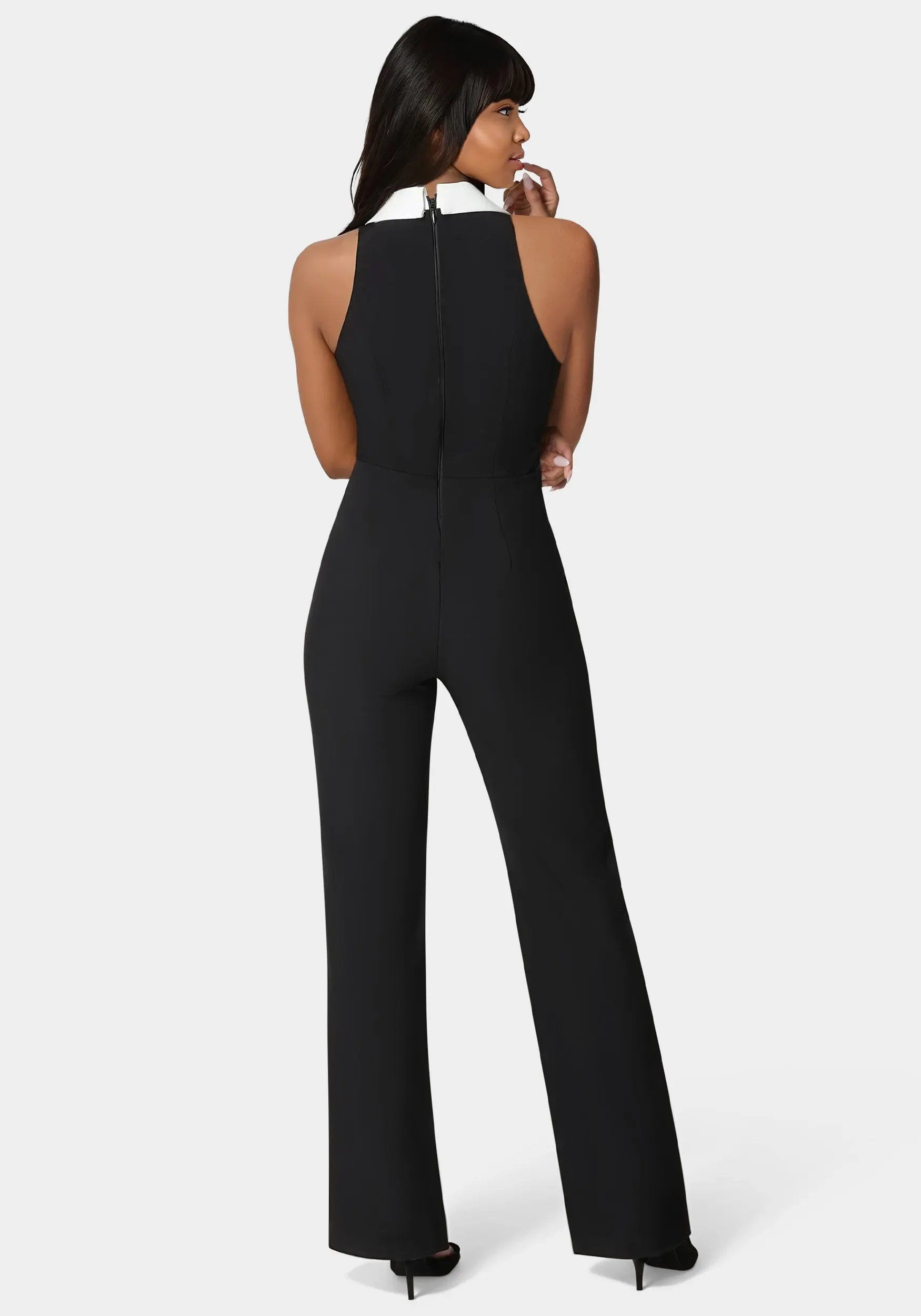 Bebe_Tailored Straight Flared Jumpsuit_7SWG0157BE_BLACK - WHITE ALYSSUM_03