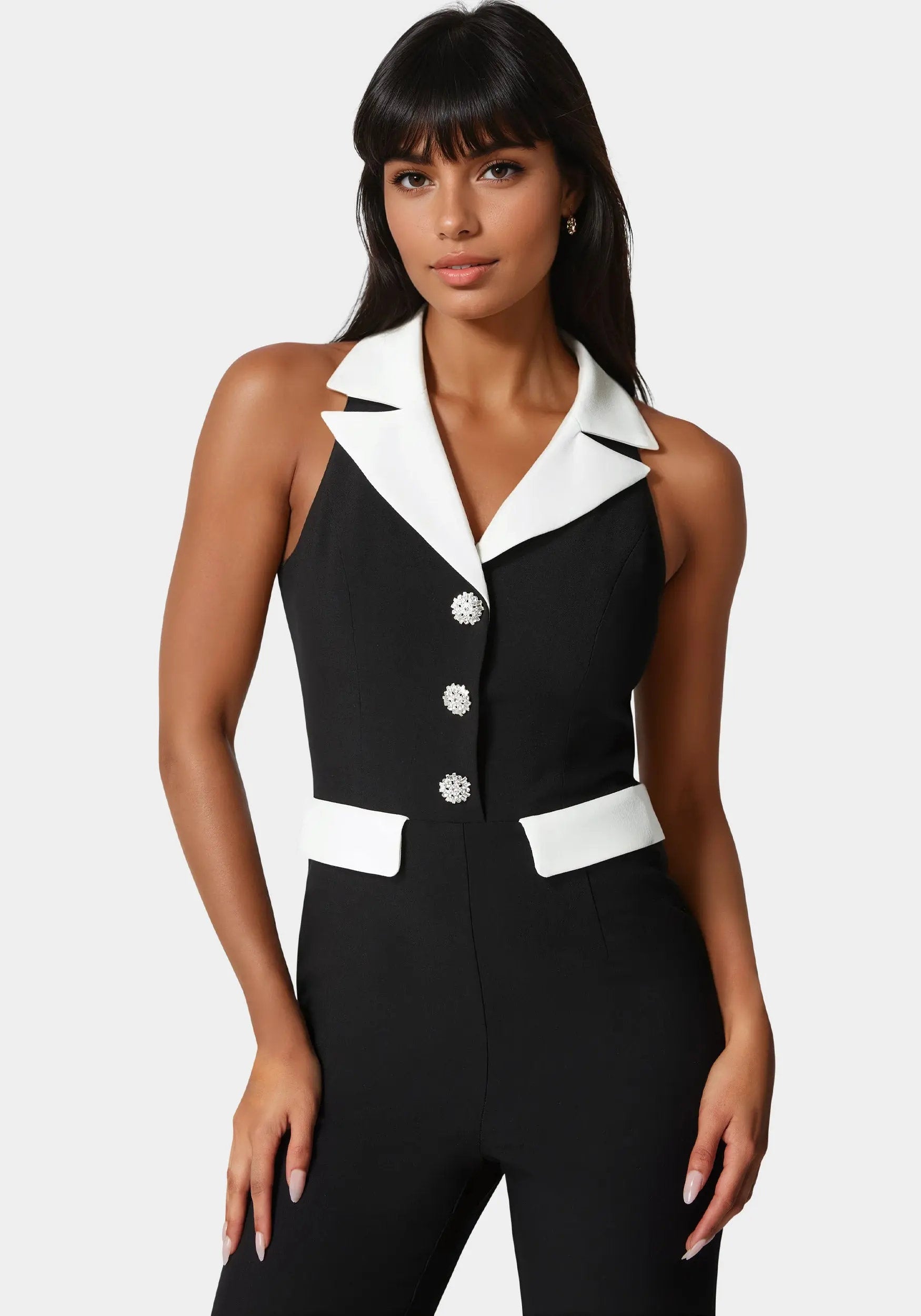 Bebe_Tailored Straight Flared Jumpsuit_7SWG0157BE_BLACK - WHITE ALYSSUM_04