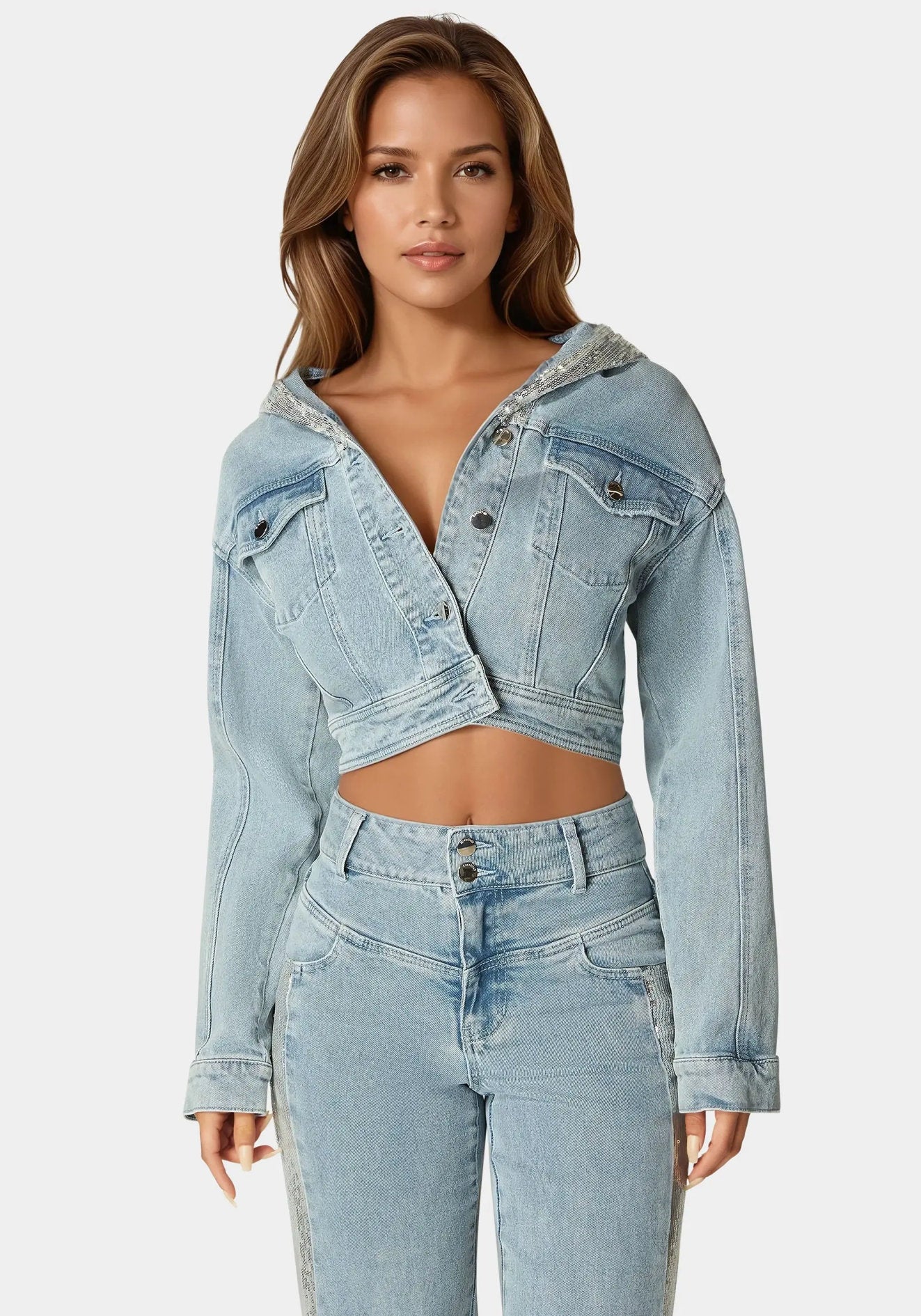 Bebe_Sequin Hooded Denim Jacket_7SWJ0200BE_MEDIUM BLUE WASH_01