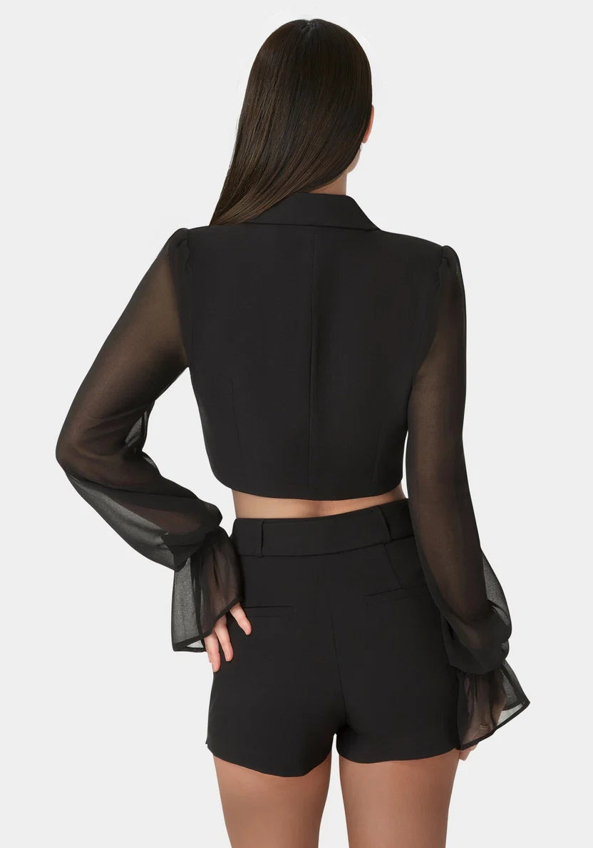 Bebe Women Tailored Sheer Sleeves Cropped Blazer SKU: 7SWJ0252BE_Black Image 02