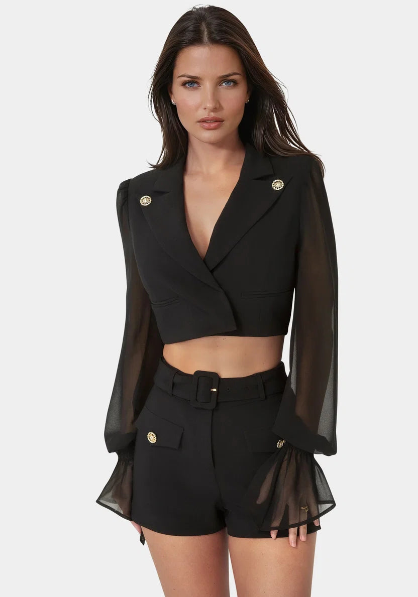 Bebe Women Tailored Sheer Sleeves Cropped Blazer SKU: 7SWJ0252BE_Black Image 03
