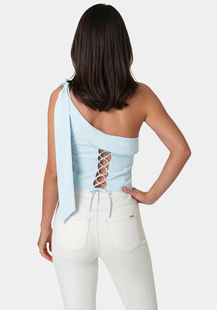Bebe Women Asymmetrical Shoulder Tie Top SKU: 7SWT0464BE_Celeste Image 04