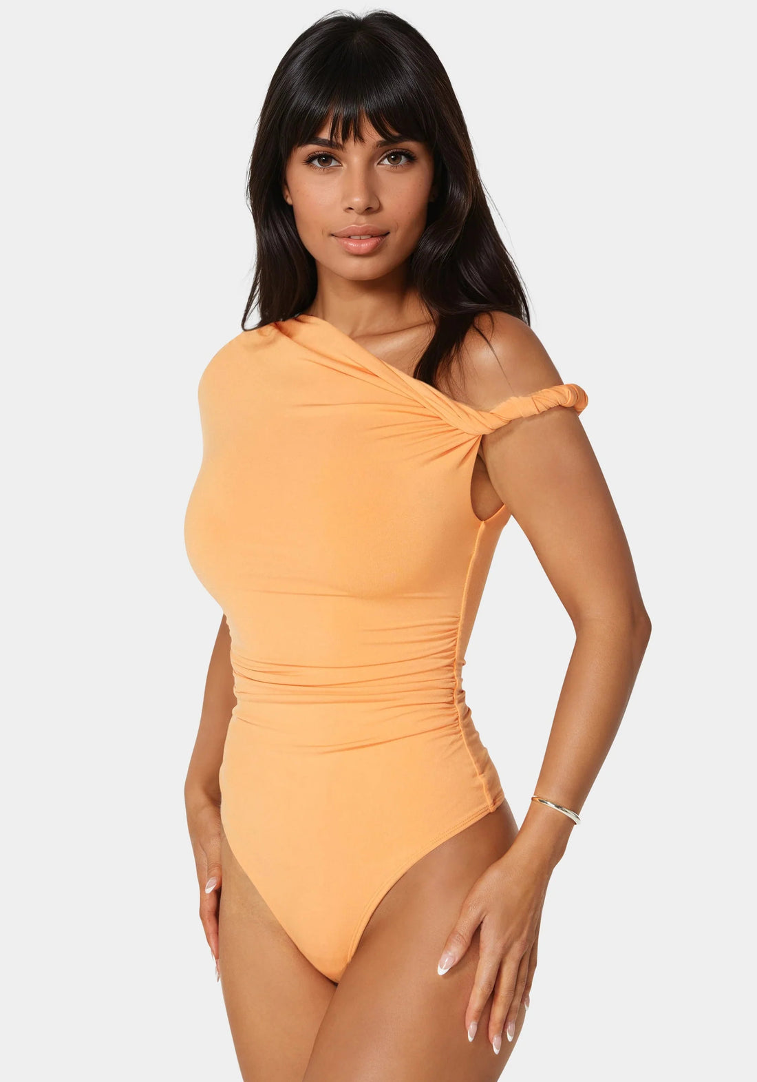 Bebe_Asymmetrical Shoulder Ruched Bodysuit_7skb0142be_Cantaloupe_02