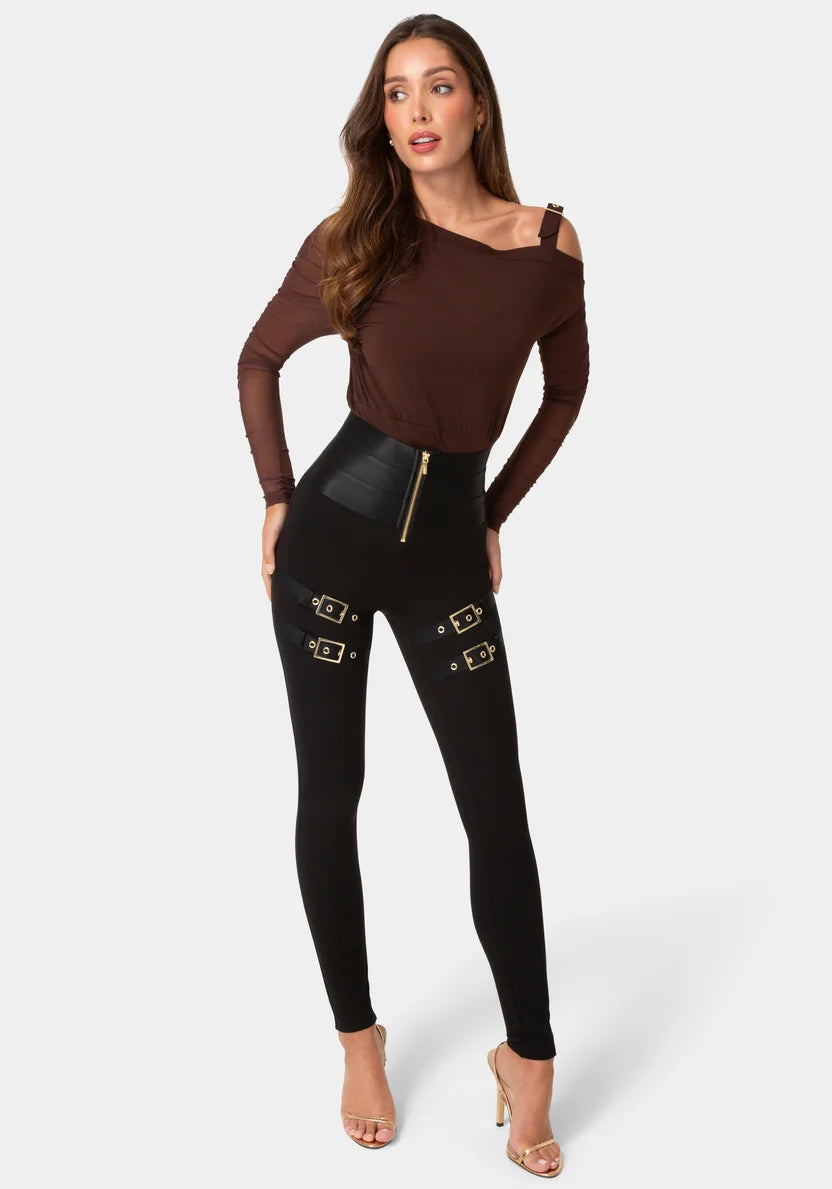 Bebe Black Women High Waist Gold Buckle Leggings SKU: 7skp0426be_black Image 02
