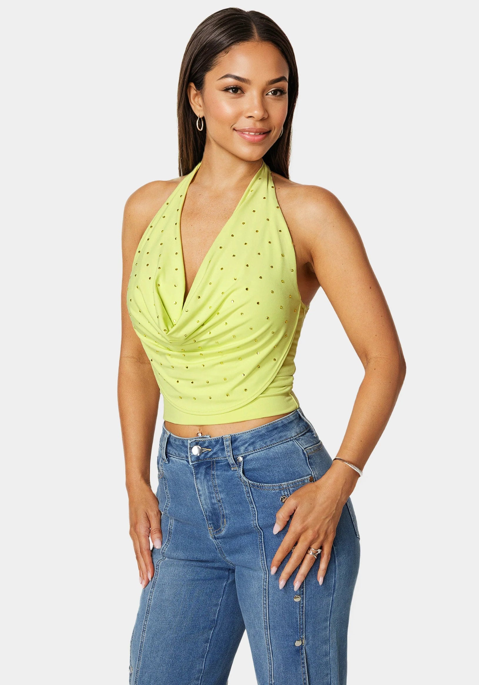 Bebe_Halter Drape Embellished Top_7skt0417be_Lime Sherbet_02