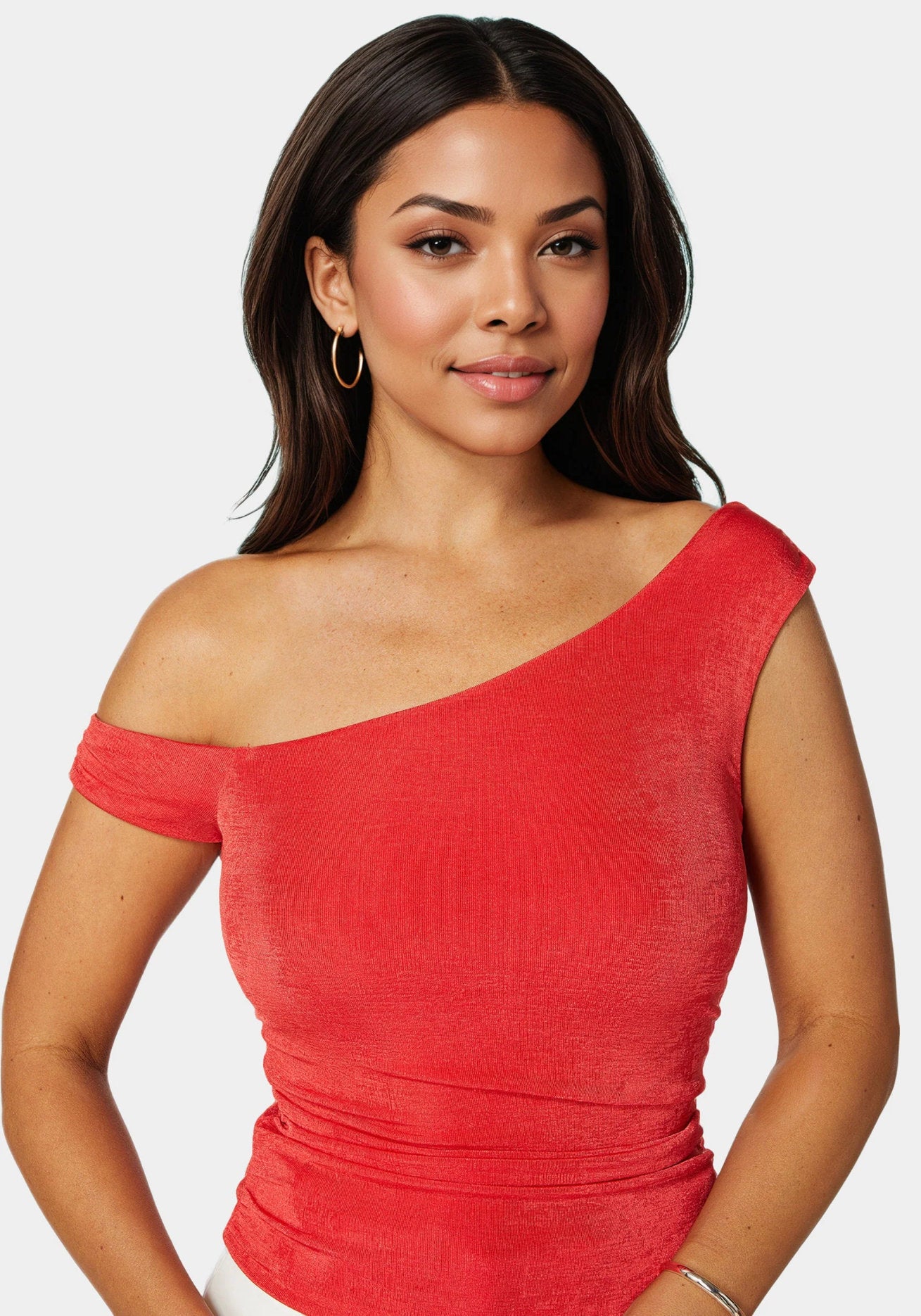 Bebe_One Shoulder Ruched Knit Top_7skt0419be_Grenadine_04