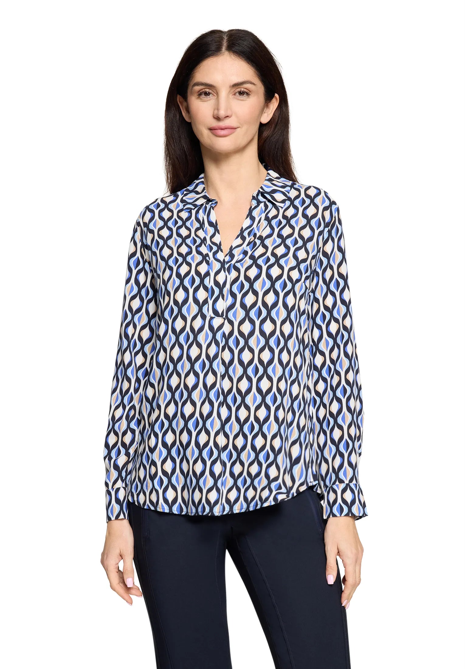 Betty Barclay Blue/Cream Women Long-Sleeved Slip-On Blouse SKU: 8000-1749_8811 Image 01