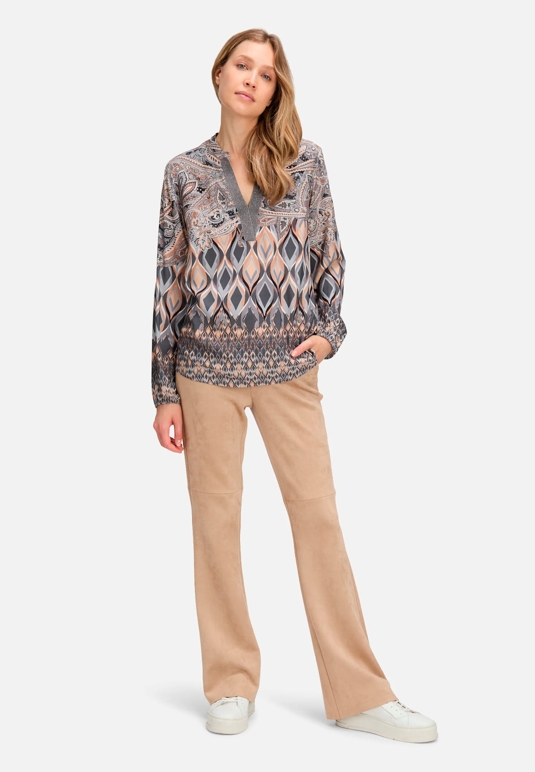 Betty Barclay_Grey/Beige_Long Blouse with Stand-Up Collar_8930-1100_9876_02