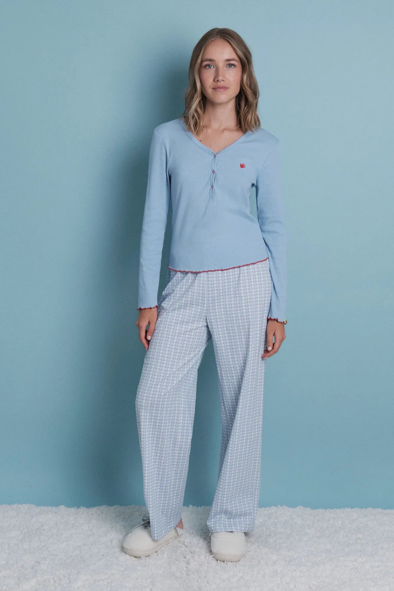 Women Secret_Medium Blue_Long Pyjamas with Blue Gingham Checks_9522057_12_03