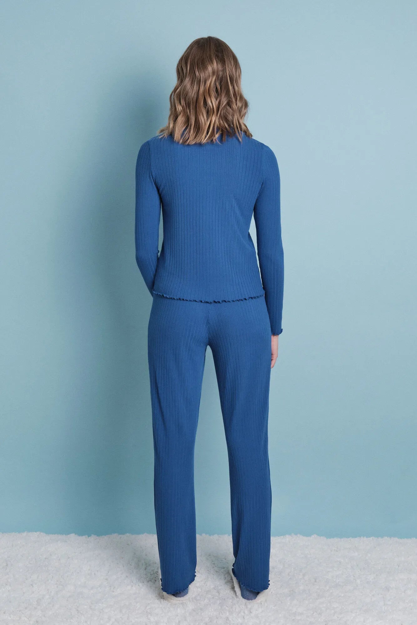 Women Secret_Blue Print_Soft Blue Ribbed Long Pajamas_9522065_19_05