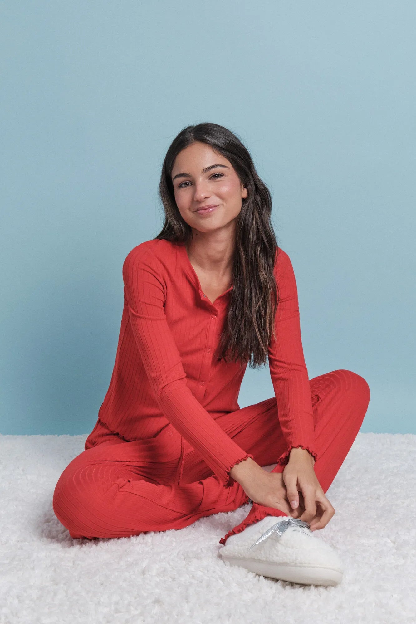 Women Secret_Red_Soft Red Ribbed Long Pajamas_9522066_60_01