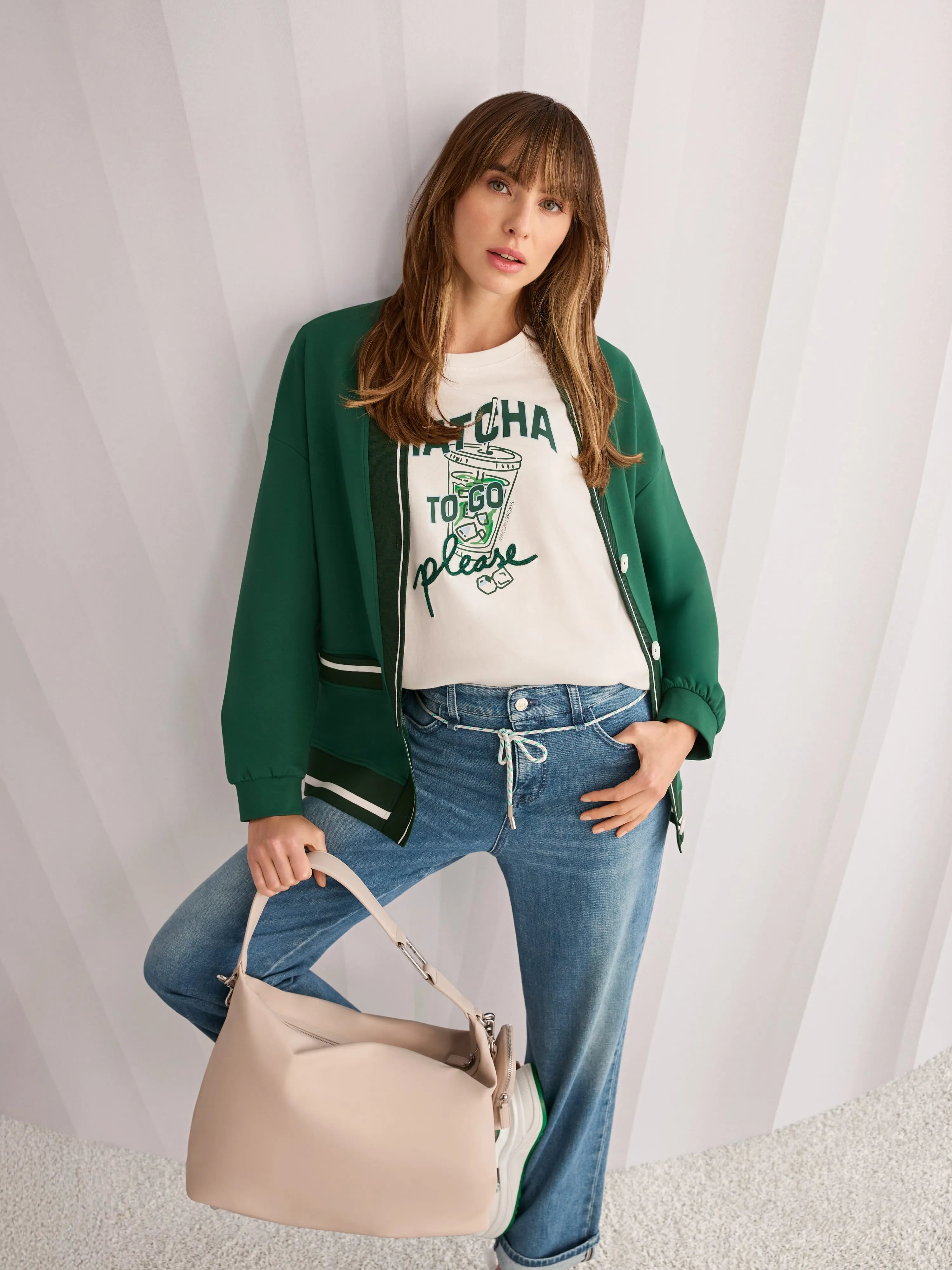 Marccain Dark Jade Green Women Loose Jacket with Striped Details SKU: AS 31.12 J54_556 Image 08