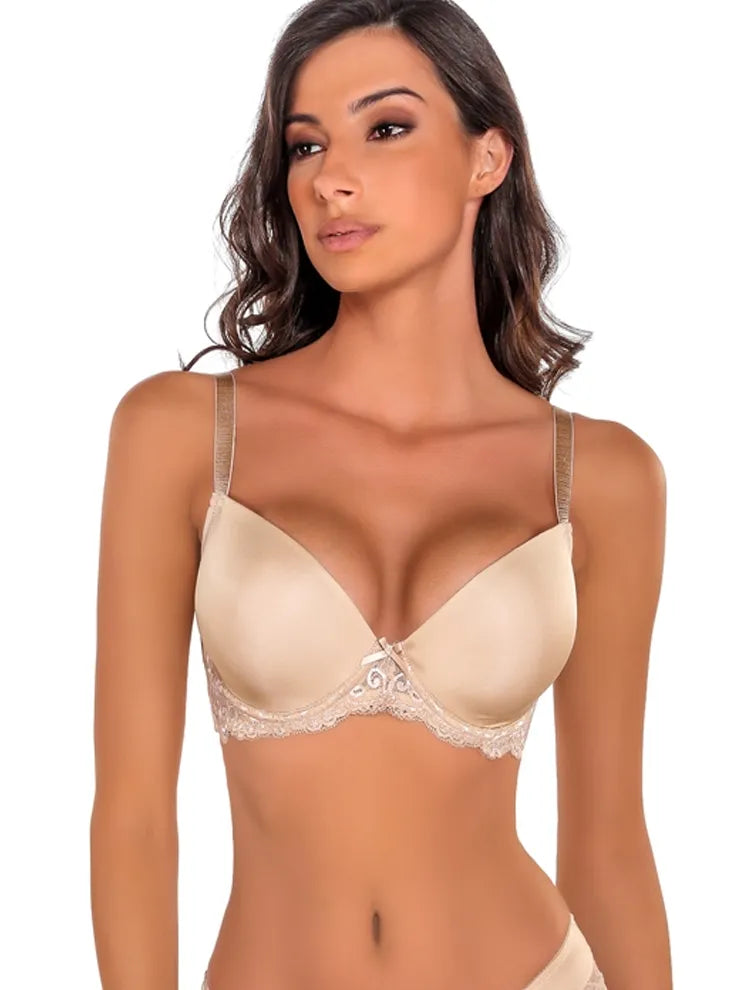 Marie France Beige Women Bianky Triple Push Floral Lace Bra In Different Cup Sizes SKU: BRSIMONE_Beige Image 01